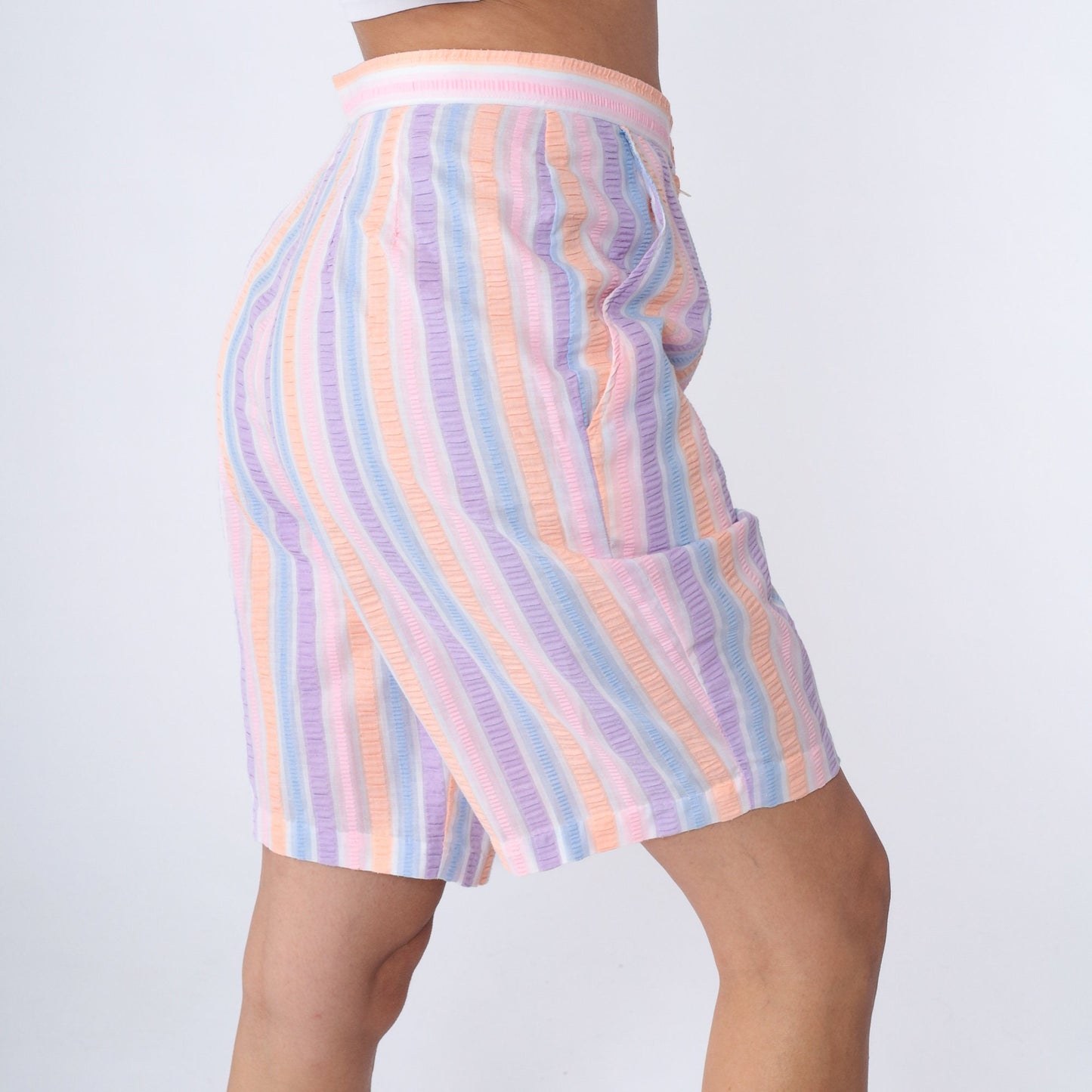 80s Seersucker Shorts High Waist Striped Pink Purple Orange Medium