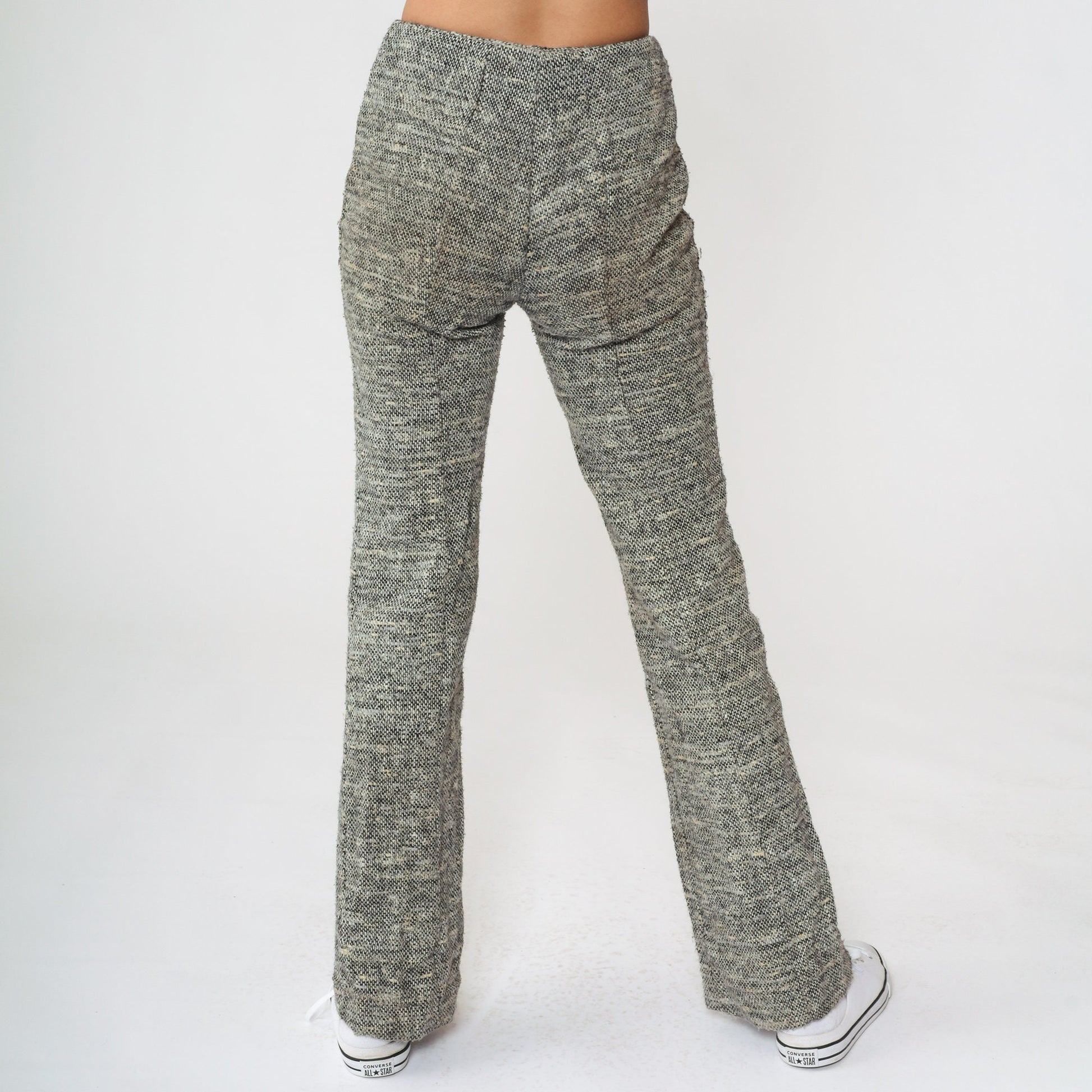70s Wool Flared Trousers Black White Flecked Mid Rise Extra Small