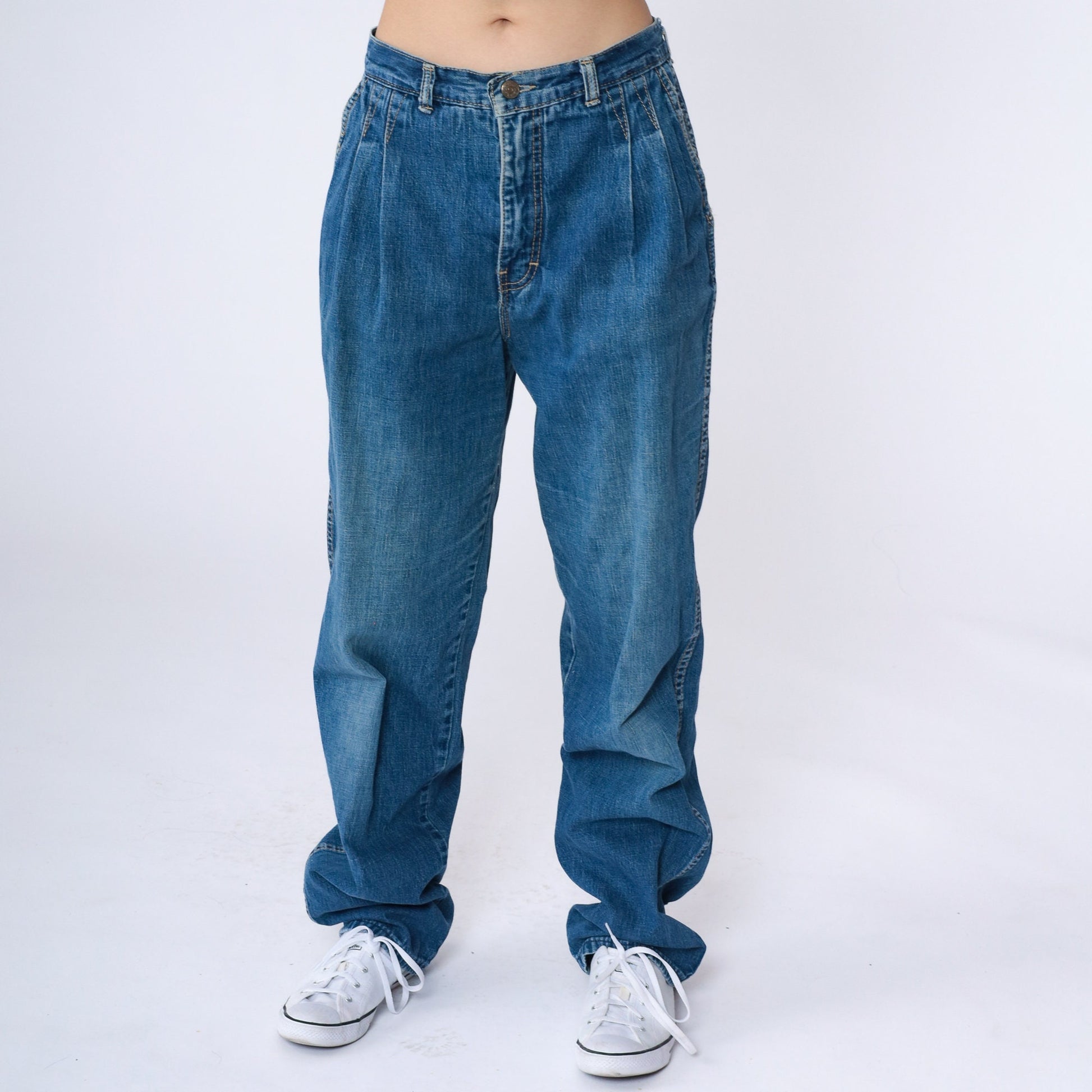 90s Zena High Rise Pleated Straight Leg Jeans Blue Denim Small 28