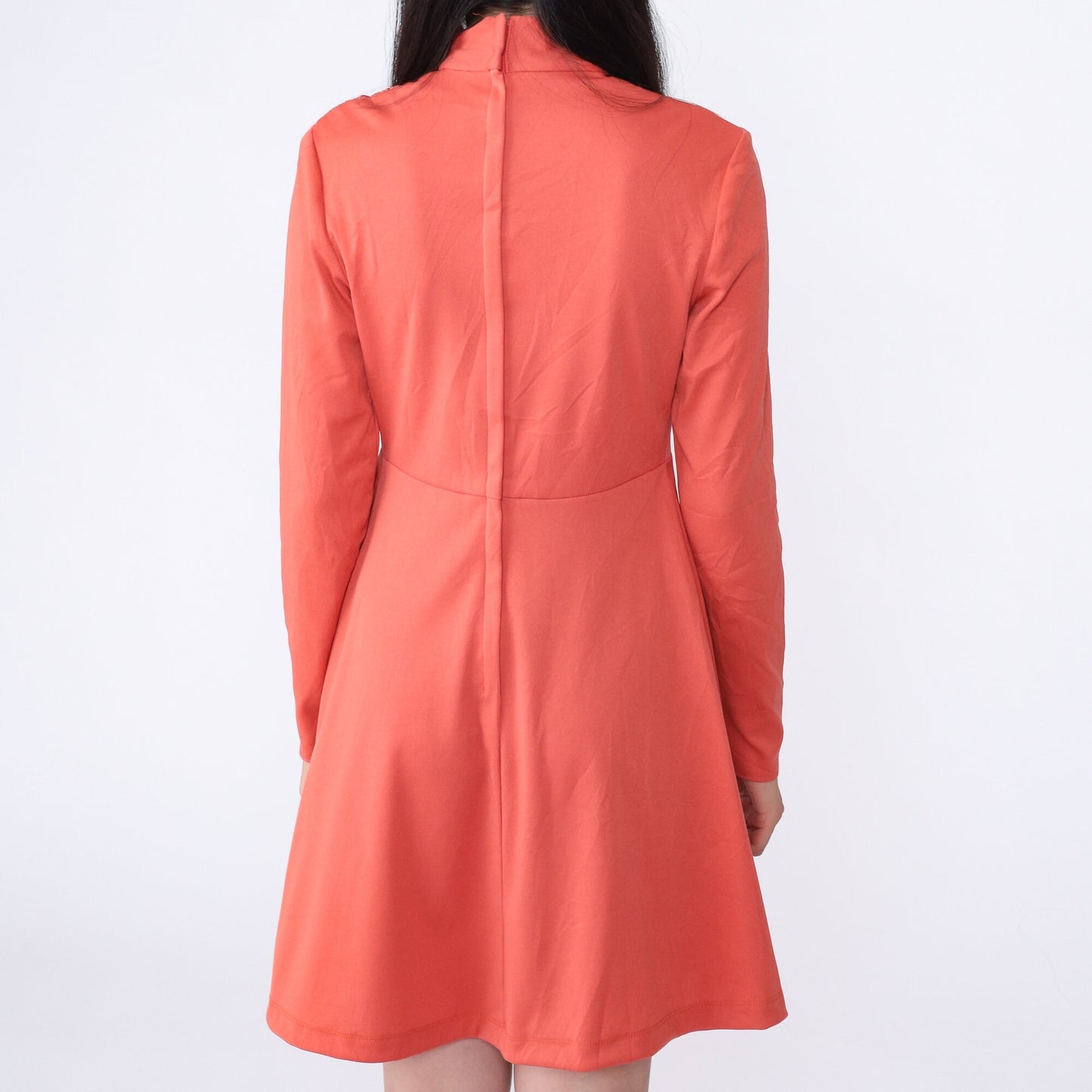 70s Orange Empire Waist Mock Neck Mini Dress Long Sleeve Medium