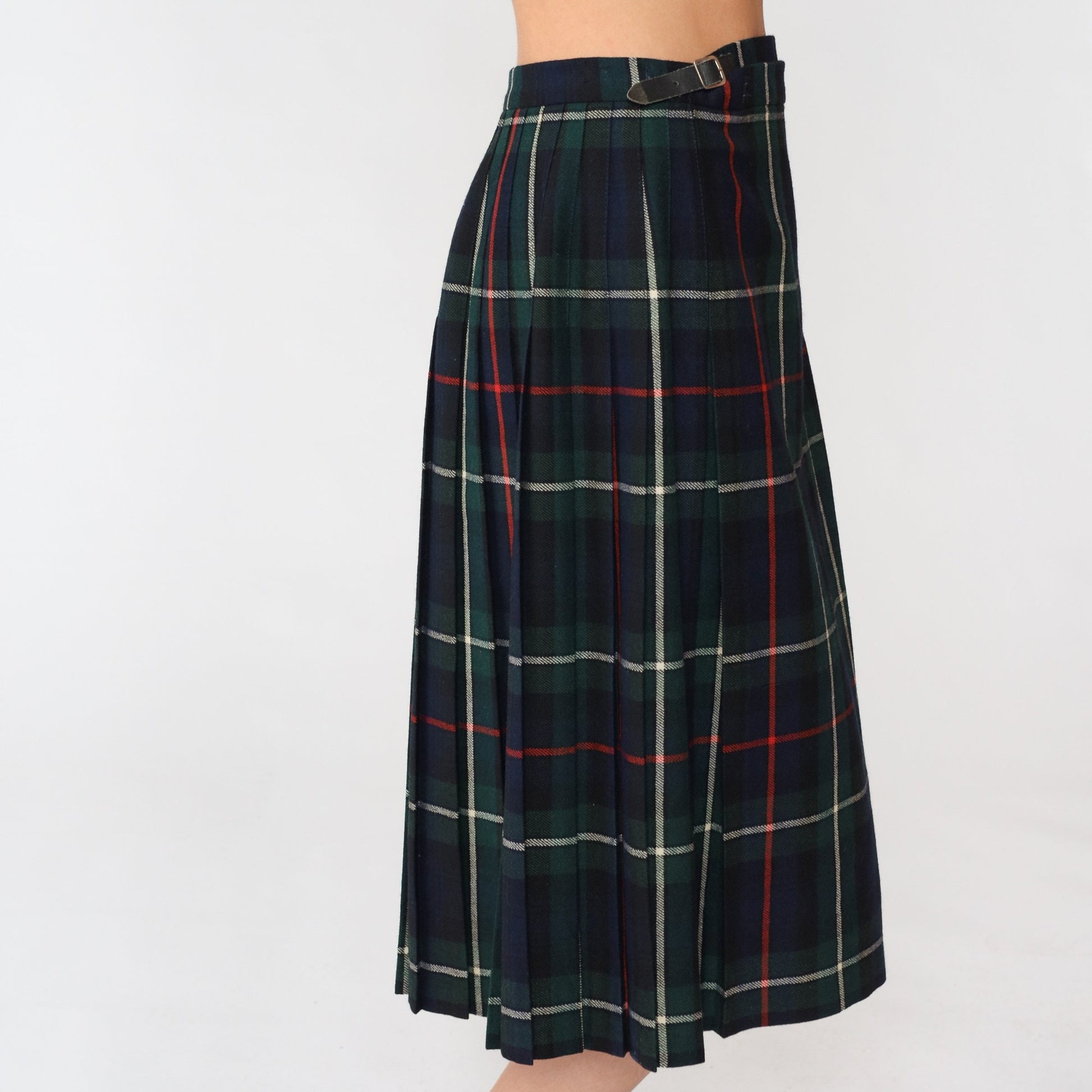 80s Navy Plaid Wool Midi Skirt High Waist Pleated Kilt Medium