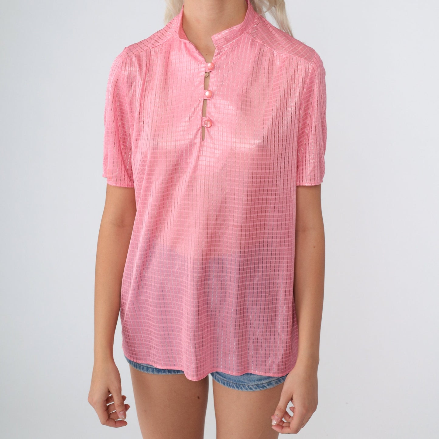 70s Pink Checkered Mandarin Collar Blouse Shiny Half-Button Short Sleeve Small