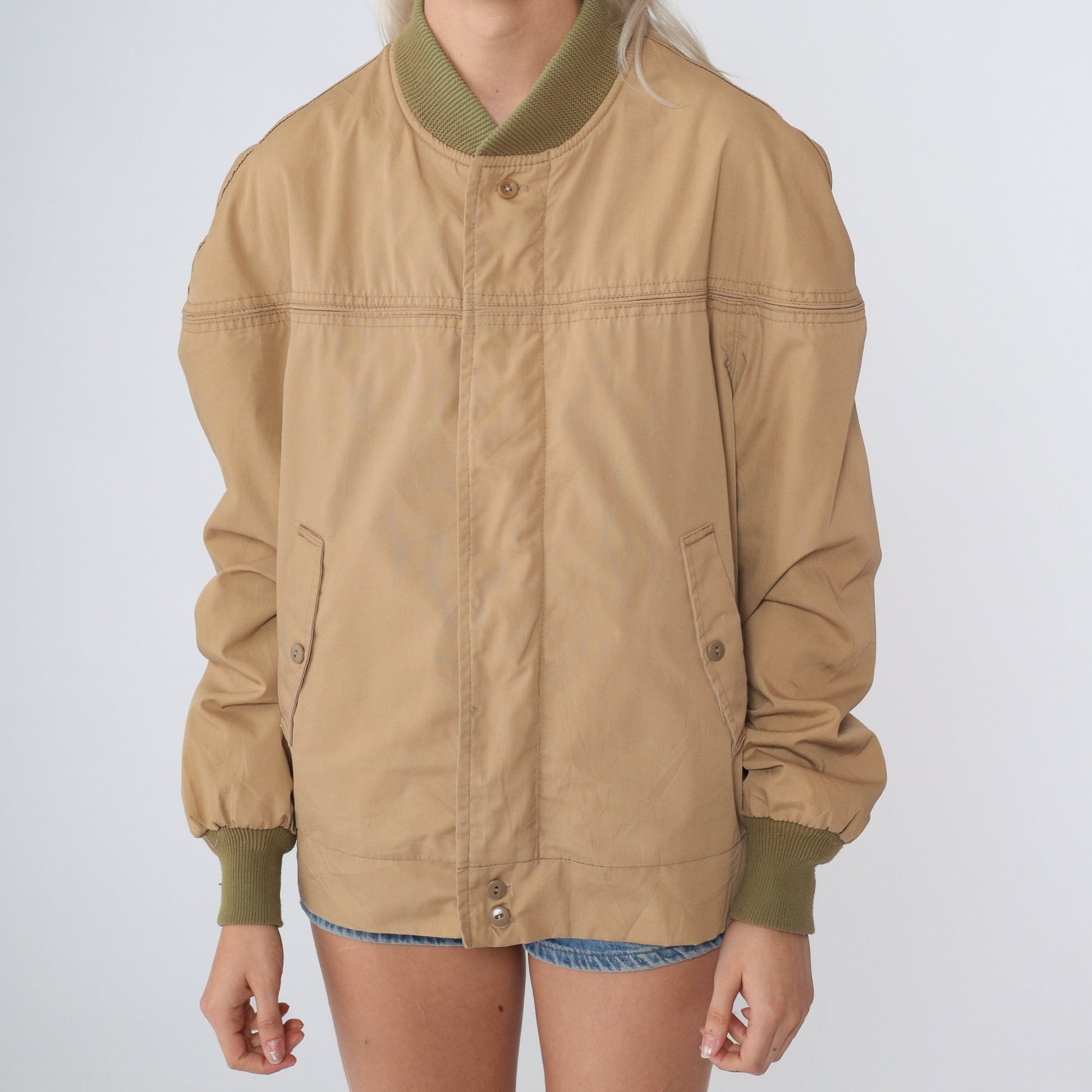 70s Tan Bomber Jacket Zip-Up Plaid Flannel Lining Small