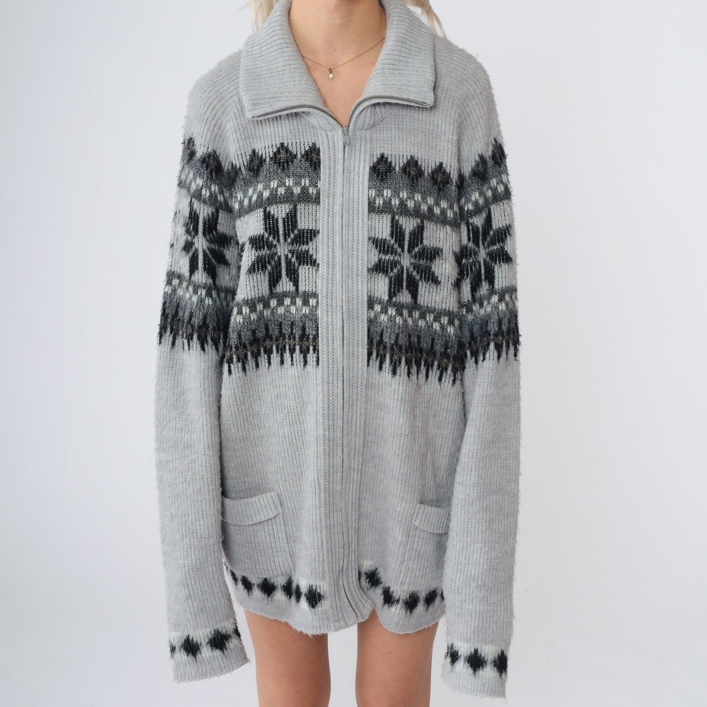 80s London Fog Nordic Snowflake Cardigan Grey Zip-Up Knit Large Tall