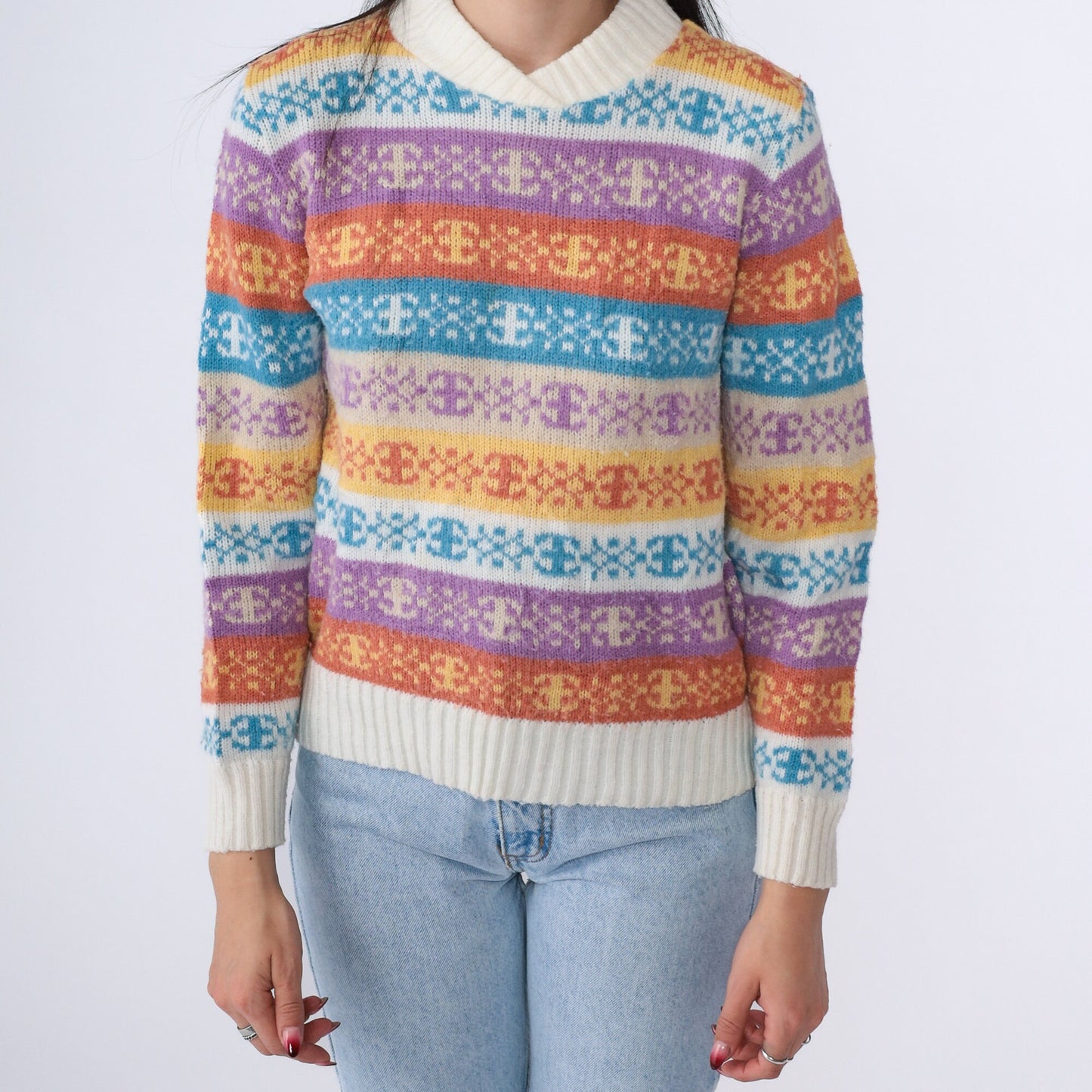 80s Nordic Snowflake Fair Isle Shawl Collar Sweater Purple Blue Cream Extra Small
