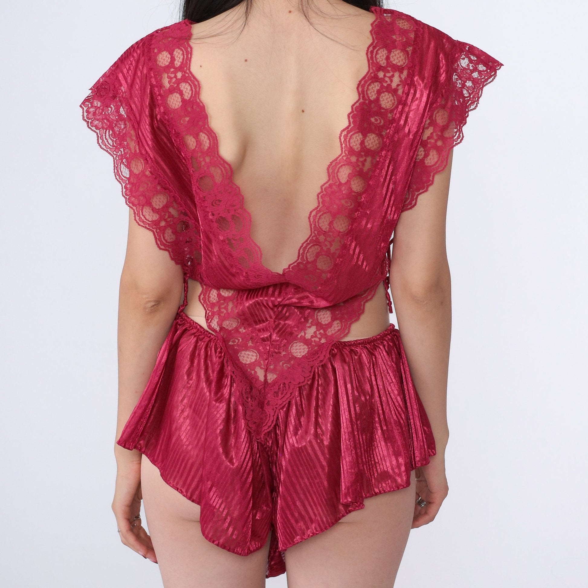 80s Raspberry Red Lace Teddy Lingerie Deep V Neck Bodysuit Extra Large XL