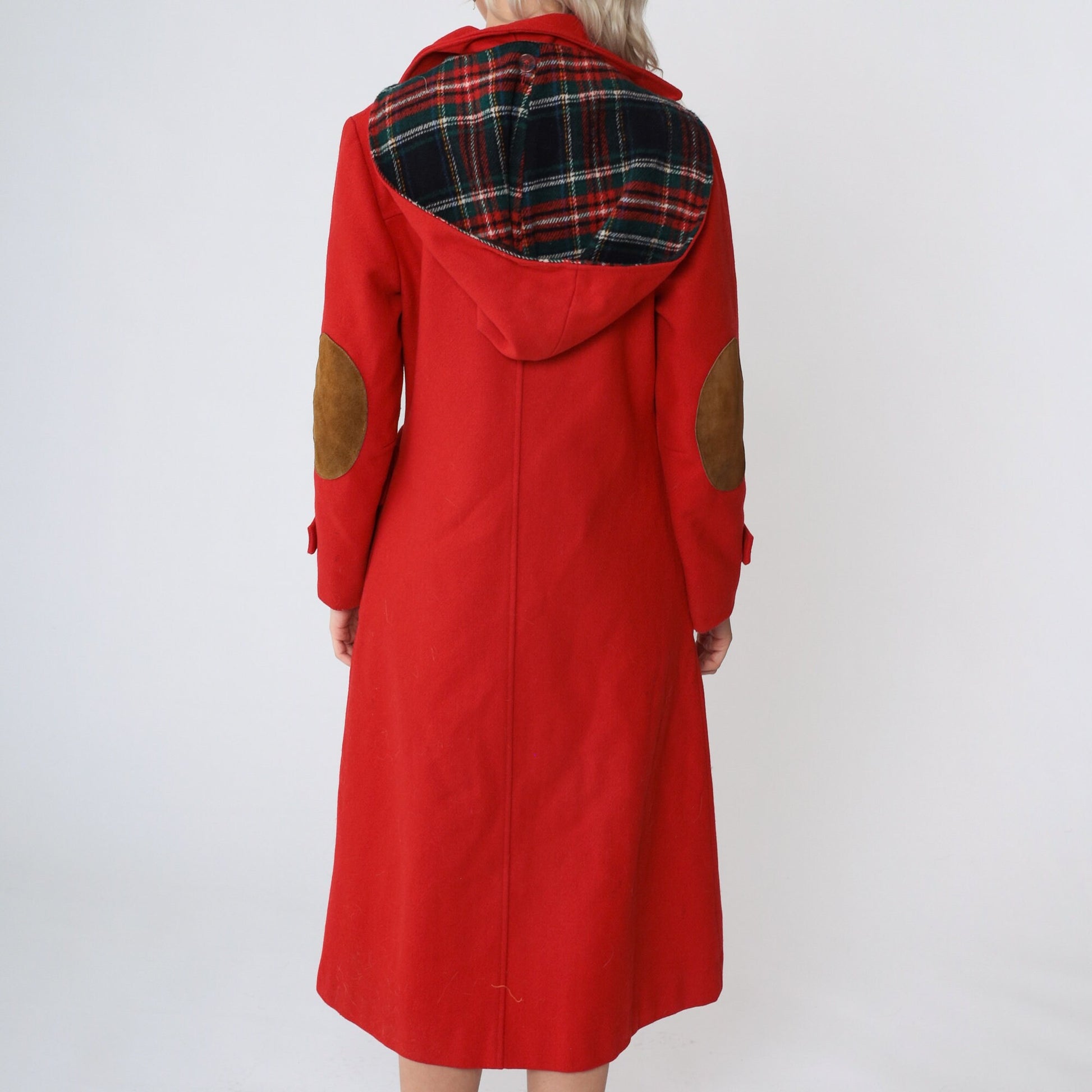 70s Red Wool Trench Coat Toggle Buttons Hood Elbow Patches Small