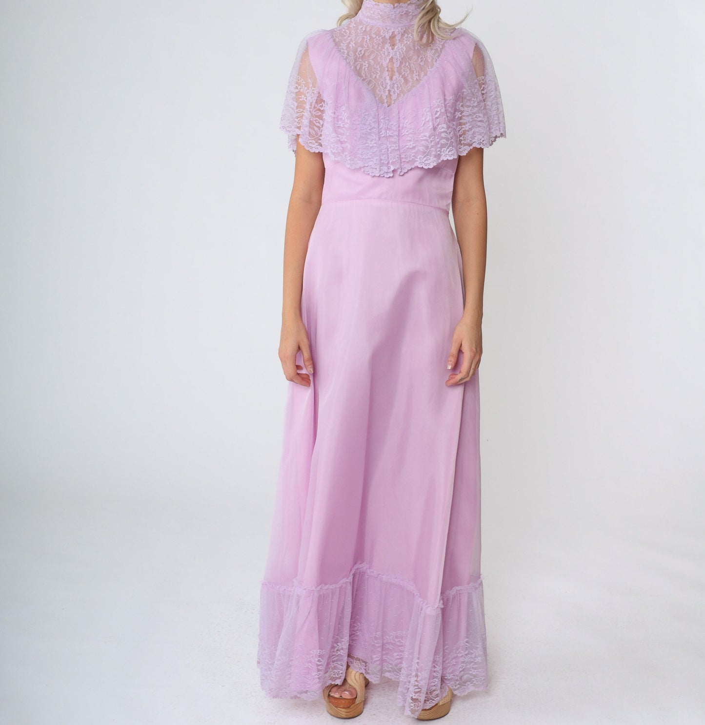 70s Purple Lace Bib Maxi Gown High Neck Tiered Skirt Small