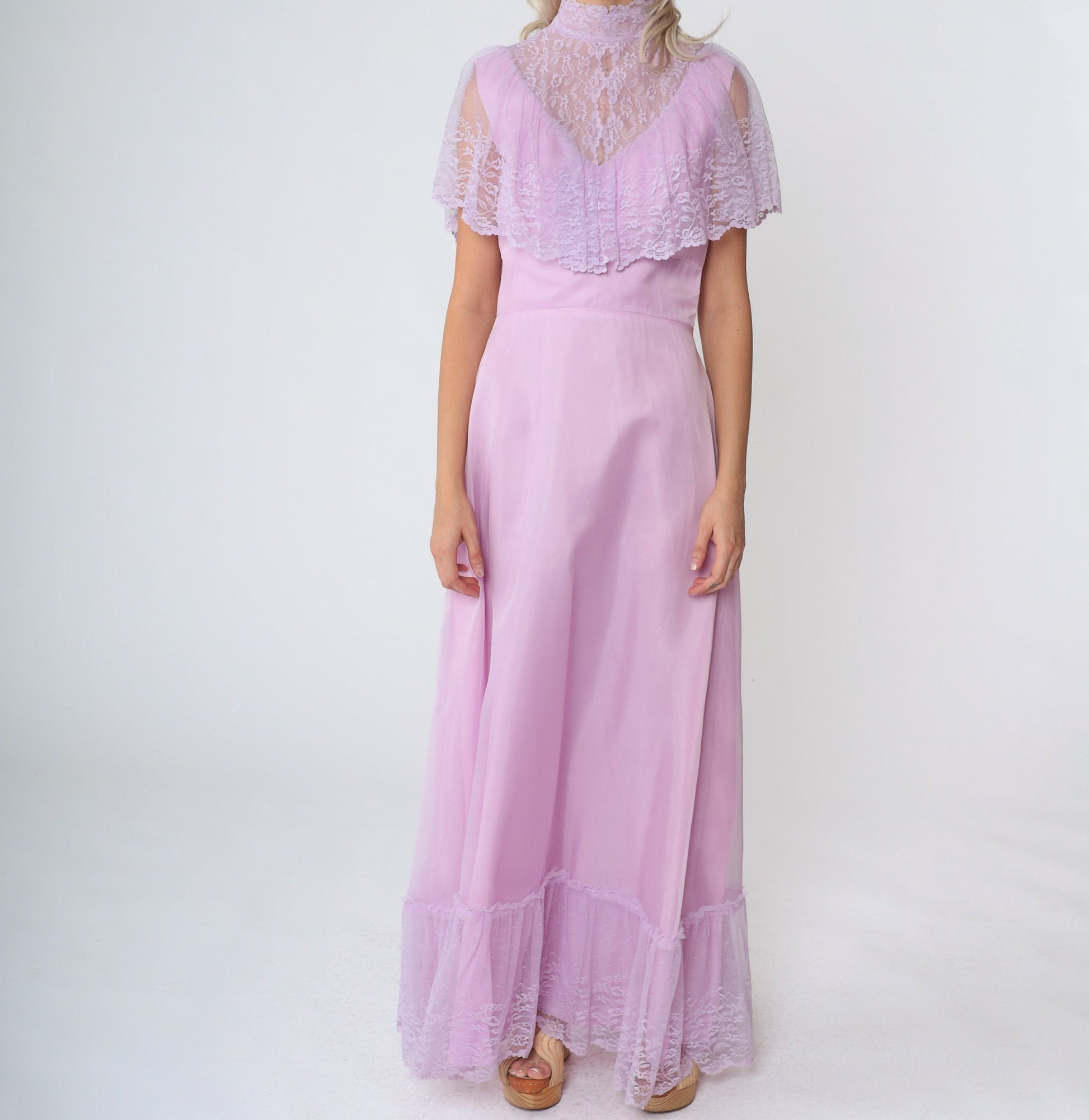 70s Purple Lace Bib Maxi Gown High Neck Tiered Skirt Small