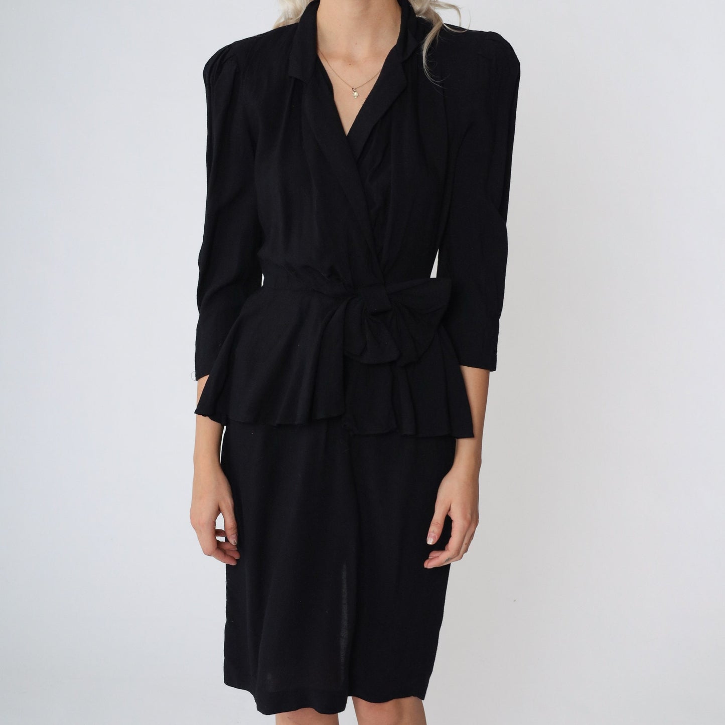80s Jody California Black Peplum Dress V-Neck Puff Sleeve Knee Length Extra Small