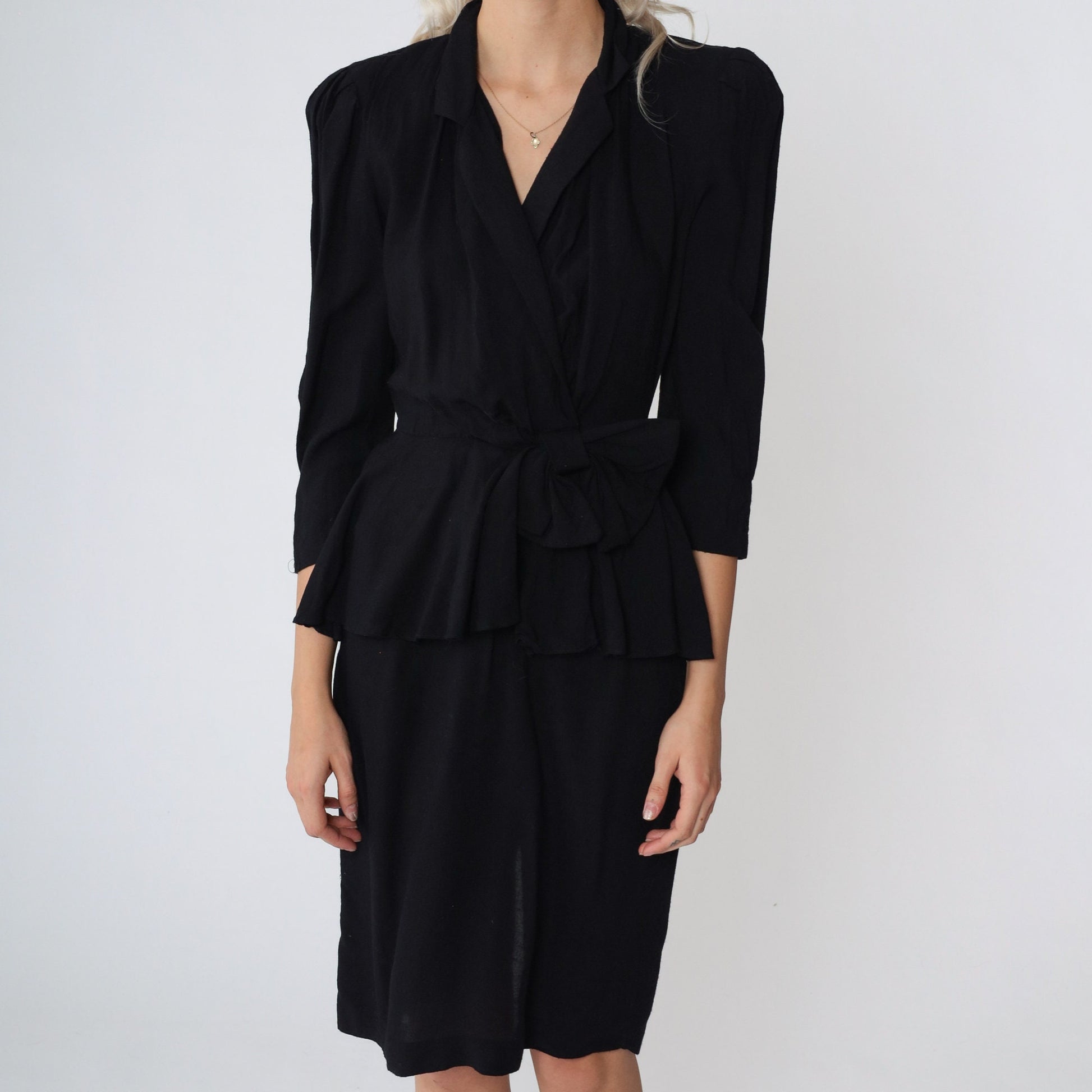 80s Jody California Black Peplum Dress V-Neck Puff Sleeve Knee Length Extra Small