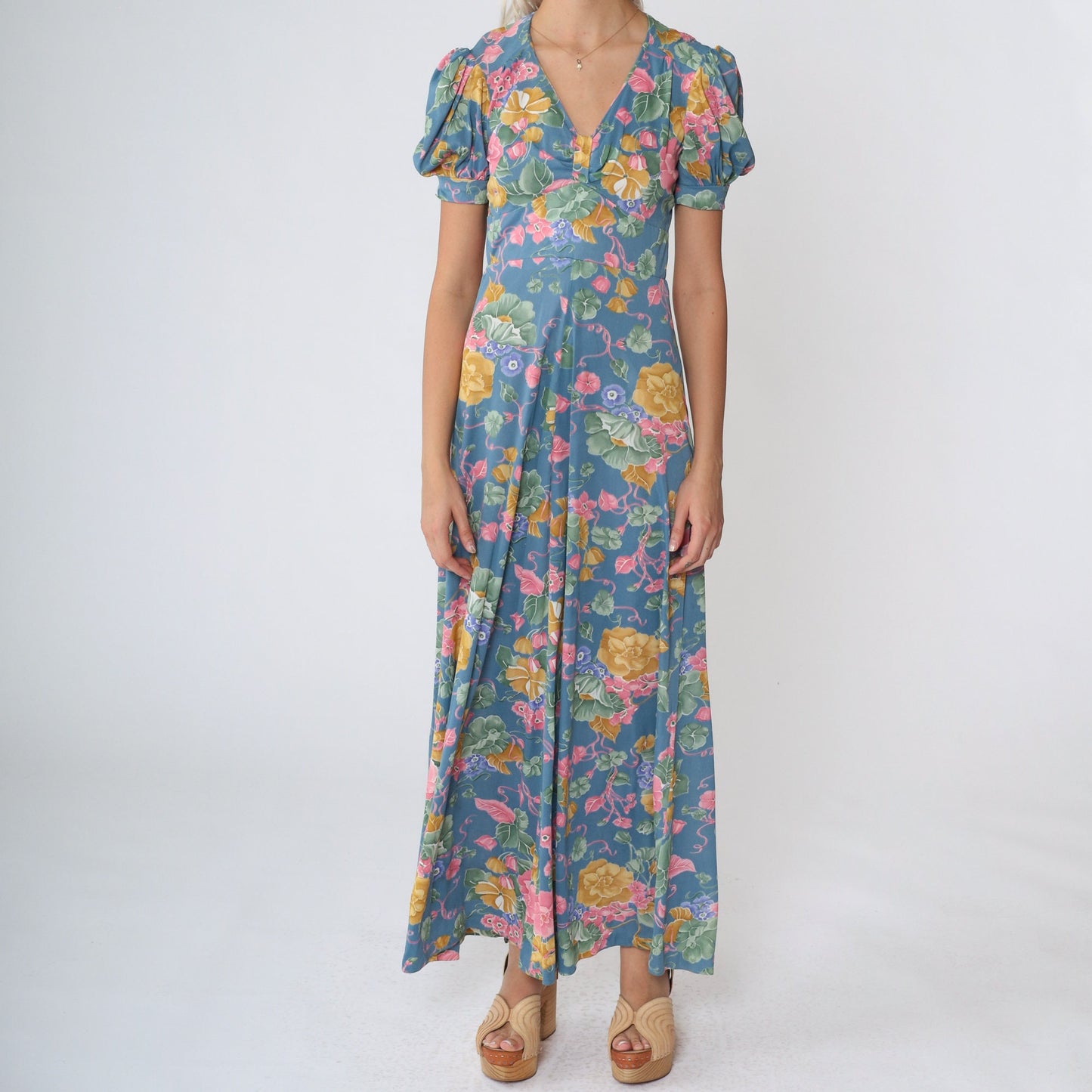 70s Blue Floral Maxi Dress Empire Waist Puff Sleeve V Neck Extra Small