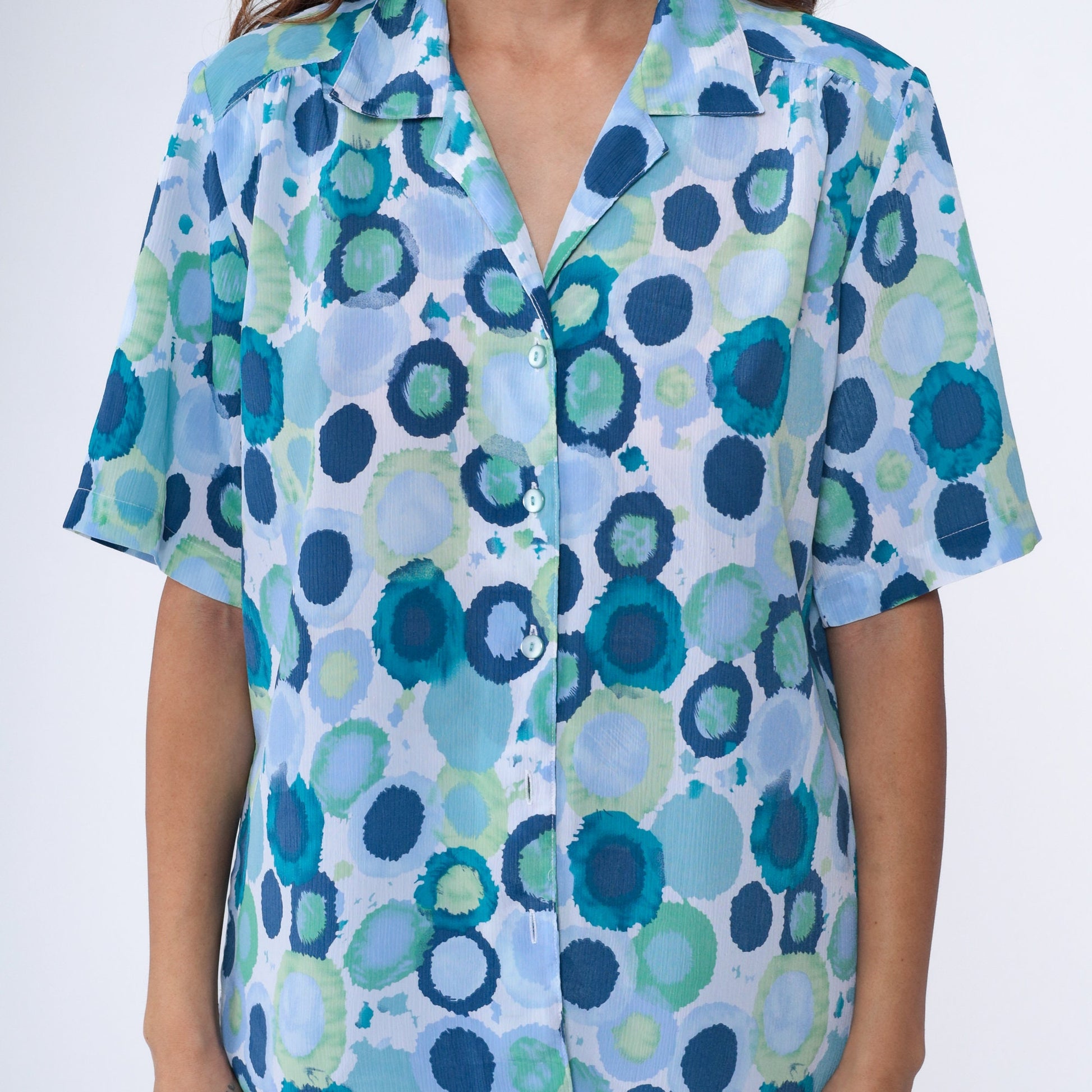 90s Donnkenny Geometric Watercolor Print Button-Up Blouse Blue Extra Large