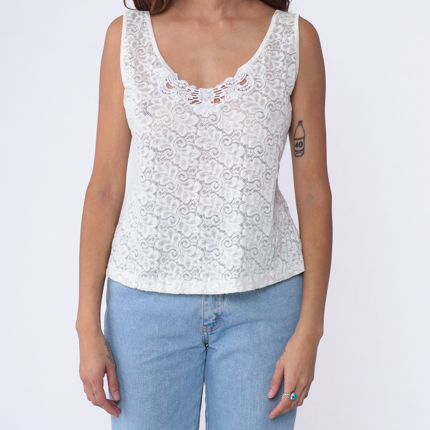 80s White Lace Camisole Sheer Floral Tank Top Large L