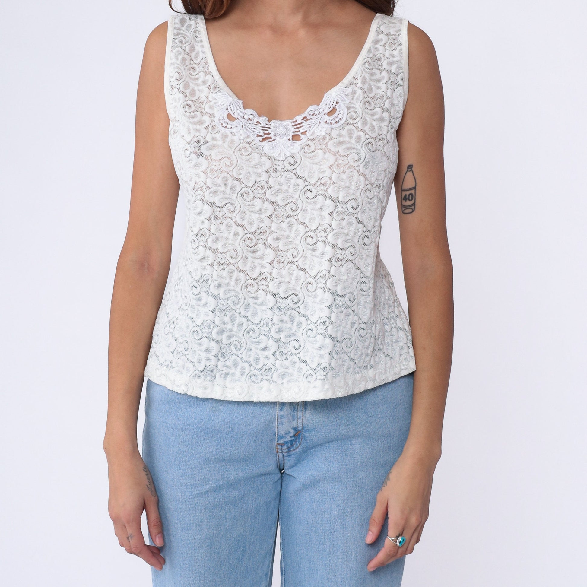 80s White Lace Camisole Sheer Floral Tank Top Large L