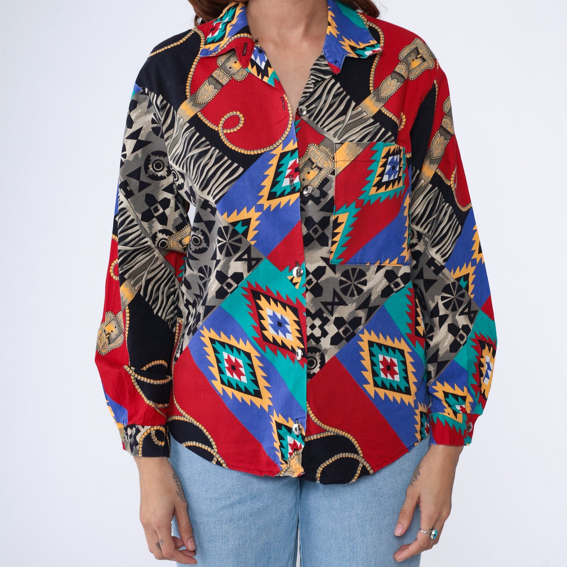 90s Western Plains Trading Co. Southwestern Button-Up Shirt Red Cotton Medium