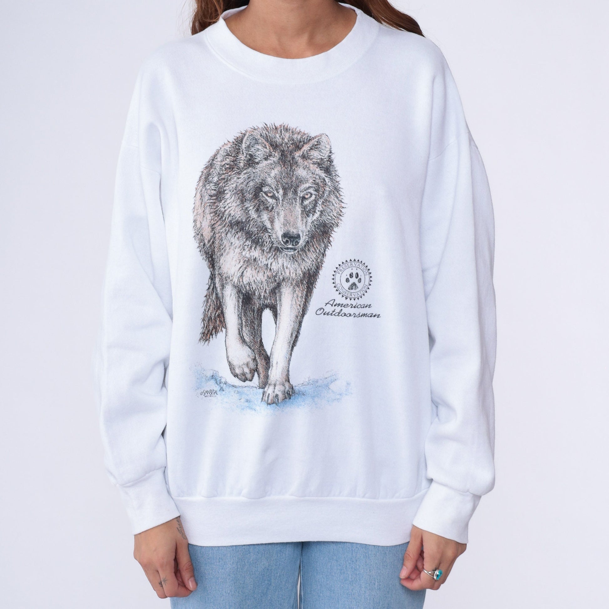 90s Wolf American Outdoorsman Graphic Sweatshirt White Crewneck Large