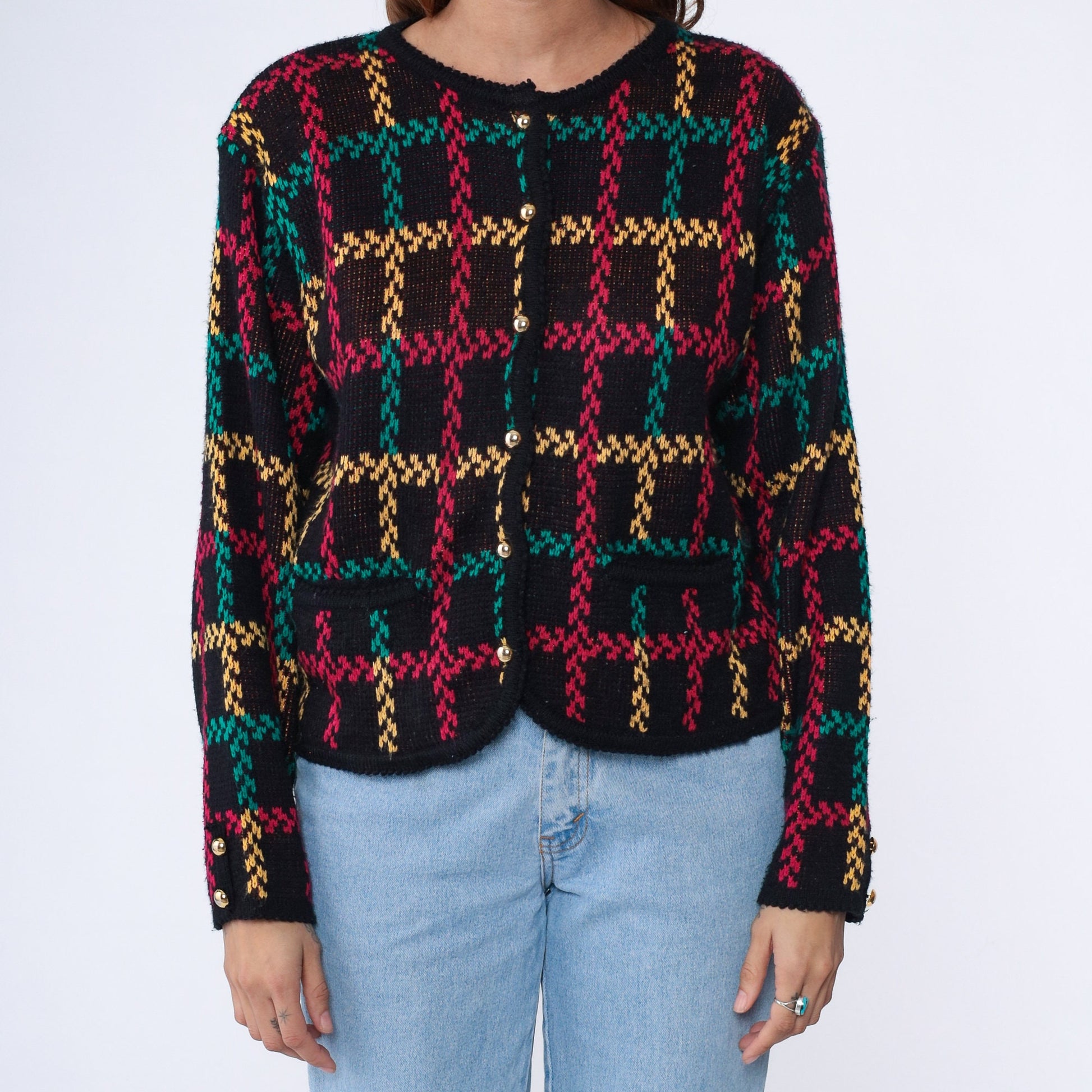 90s Checkered Cardigan Sweater Black Red Green Yellow Gold Button Small
