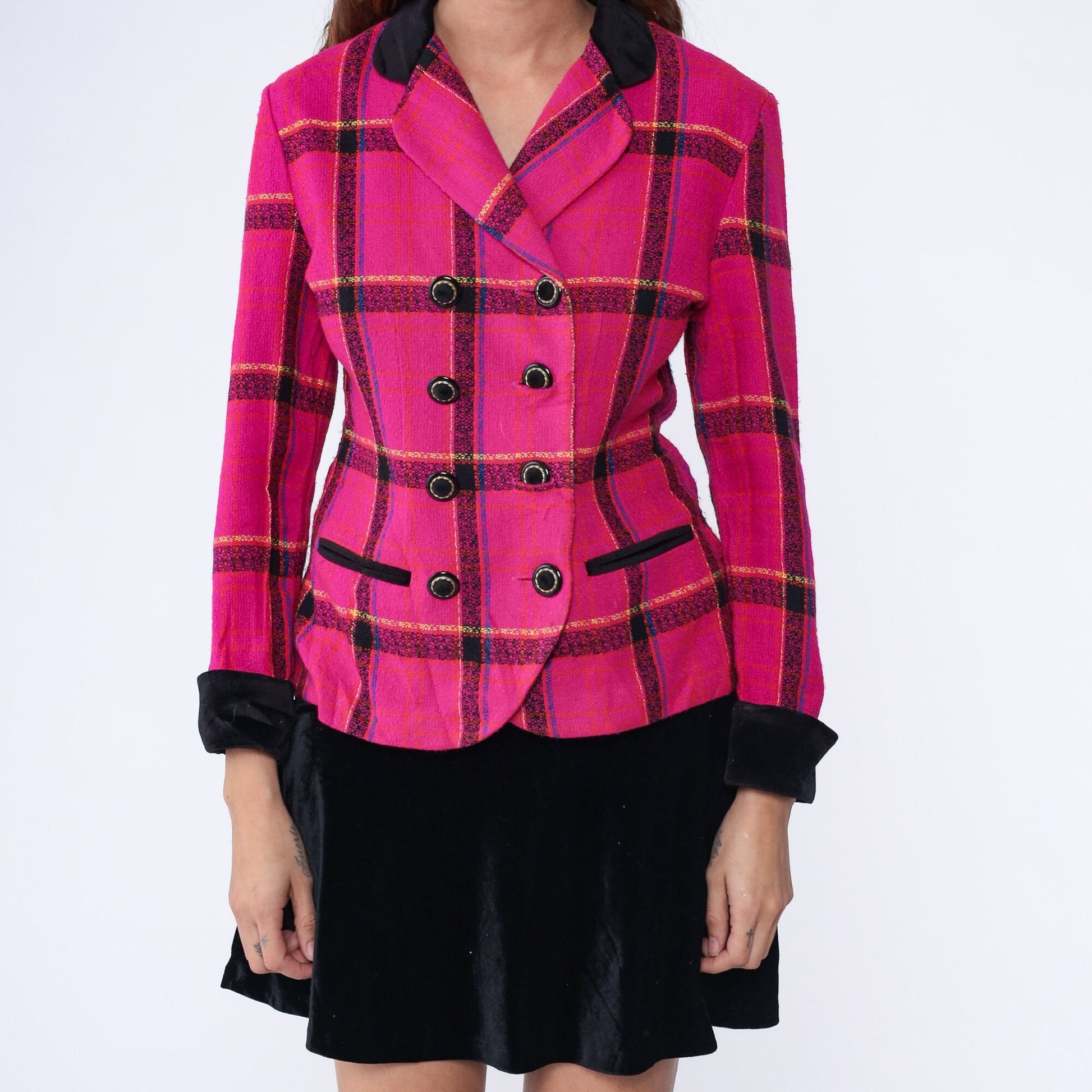 90s Hot Pink Checkered Blazer Tailored Button-Front Jacket Small