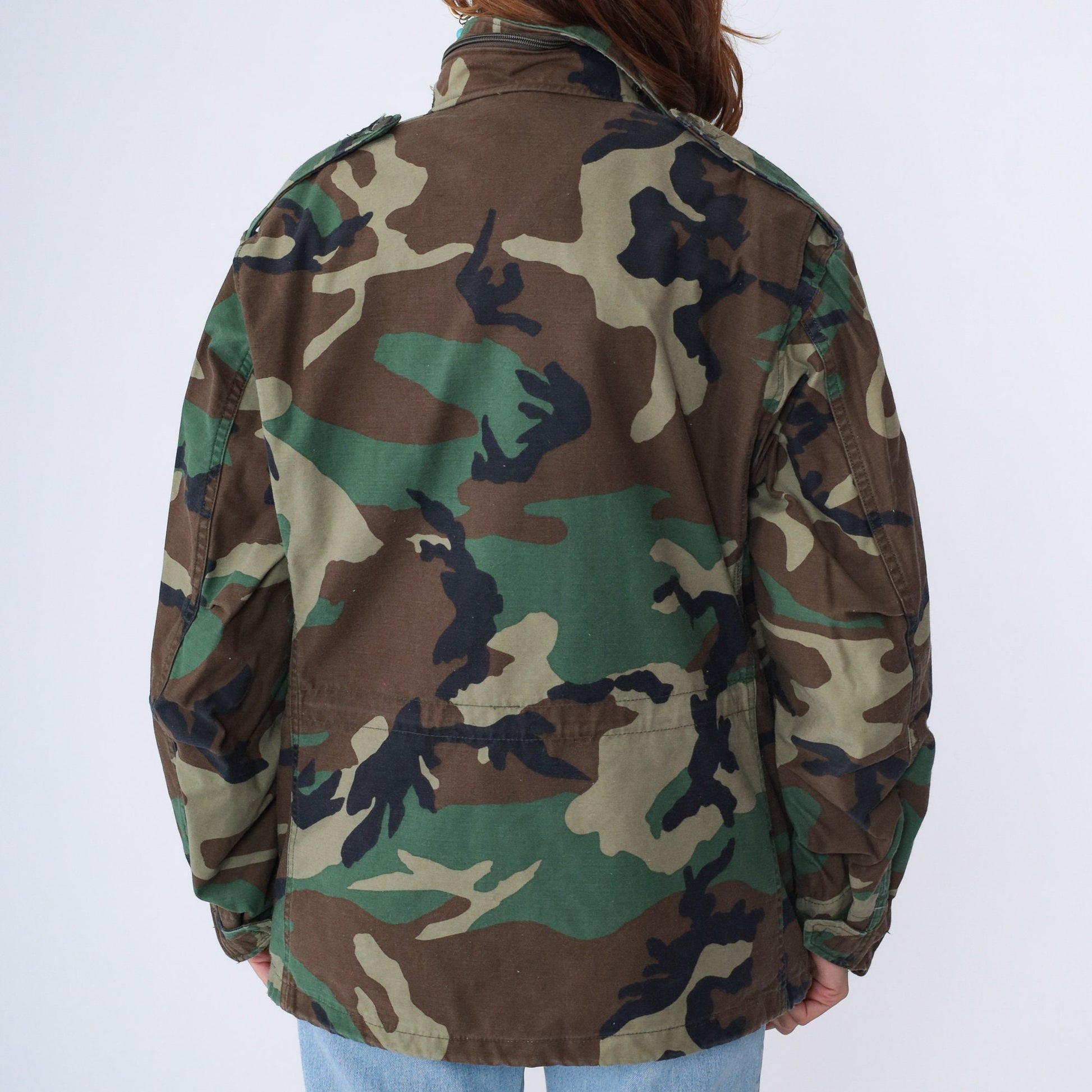 90s US Army Camouflage Field Jacket Utility Patch Zip Medium Short