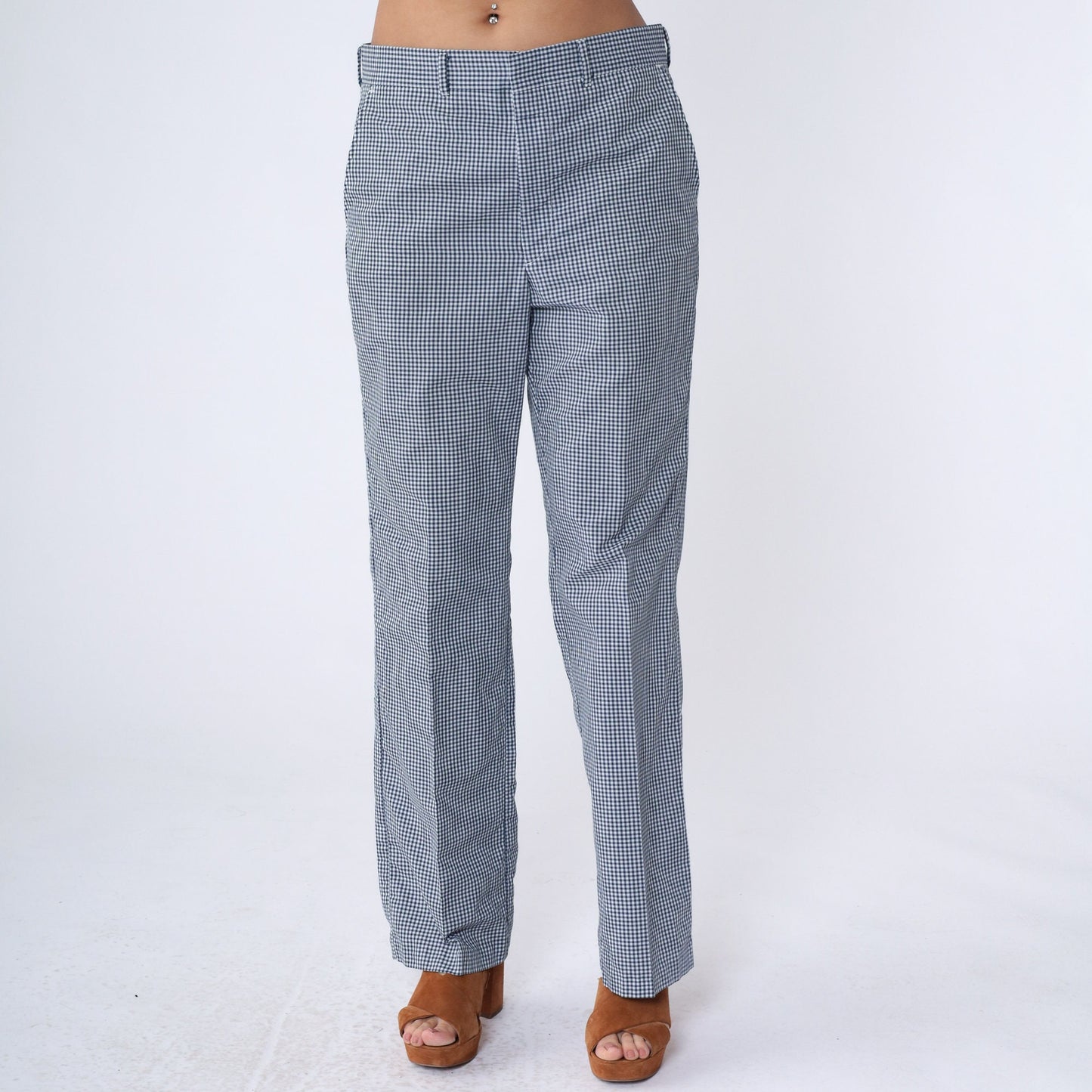 70s Dark Blue White Gingham Straight Leg Trousers High Waist Medium