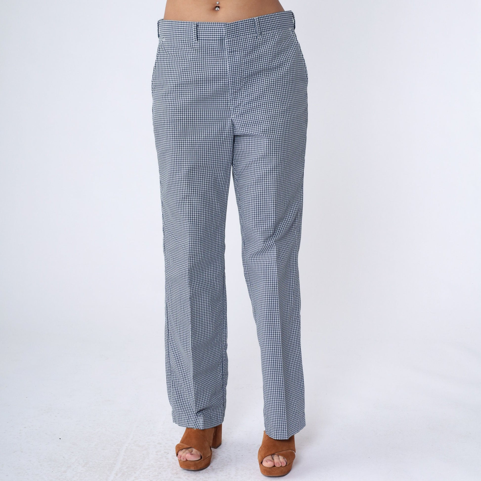 70s Dark Blue White Gingham Straight Leg Trousers High Waist Medium