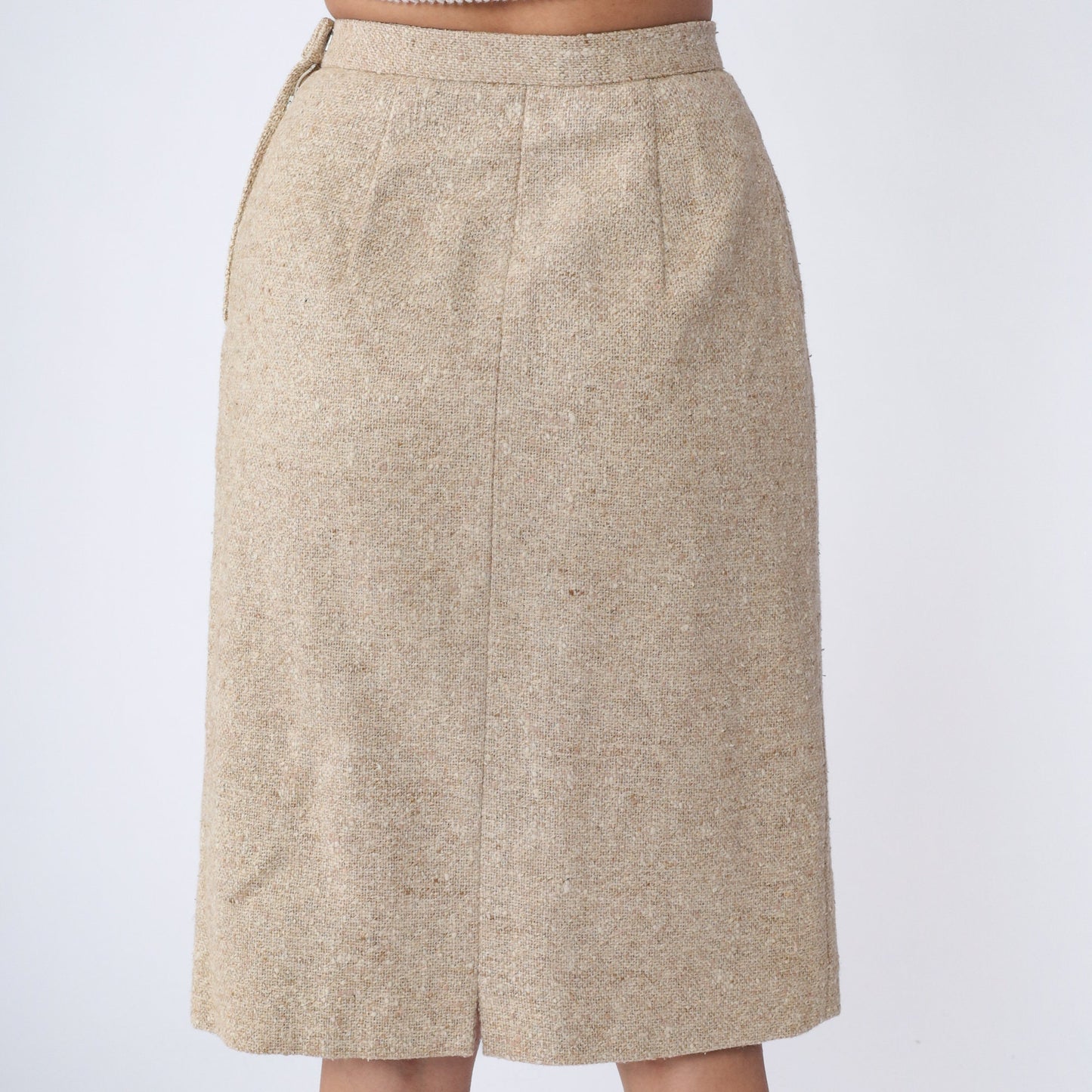 80s Beige Tweed Pencil Skirt Wool High Waist Midi Small