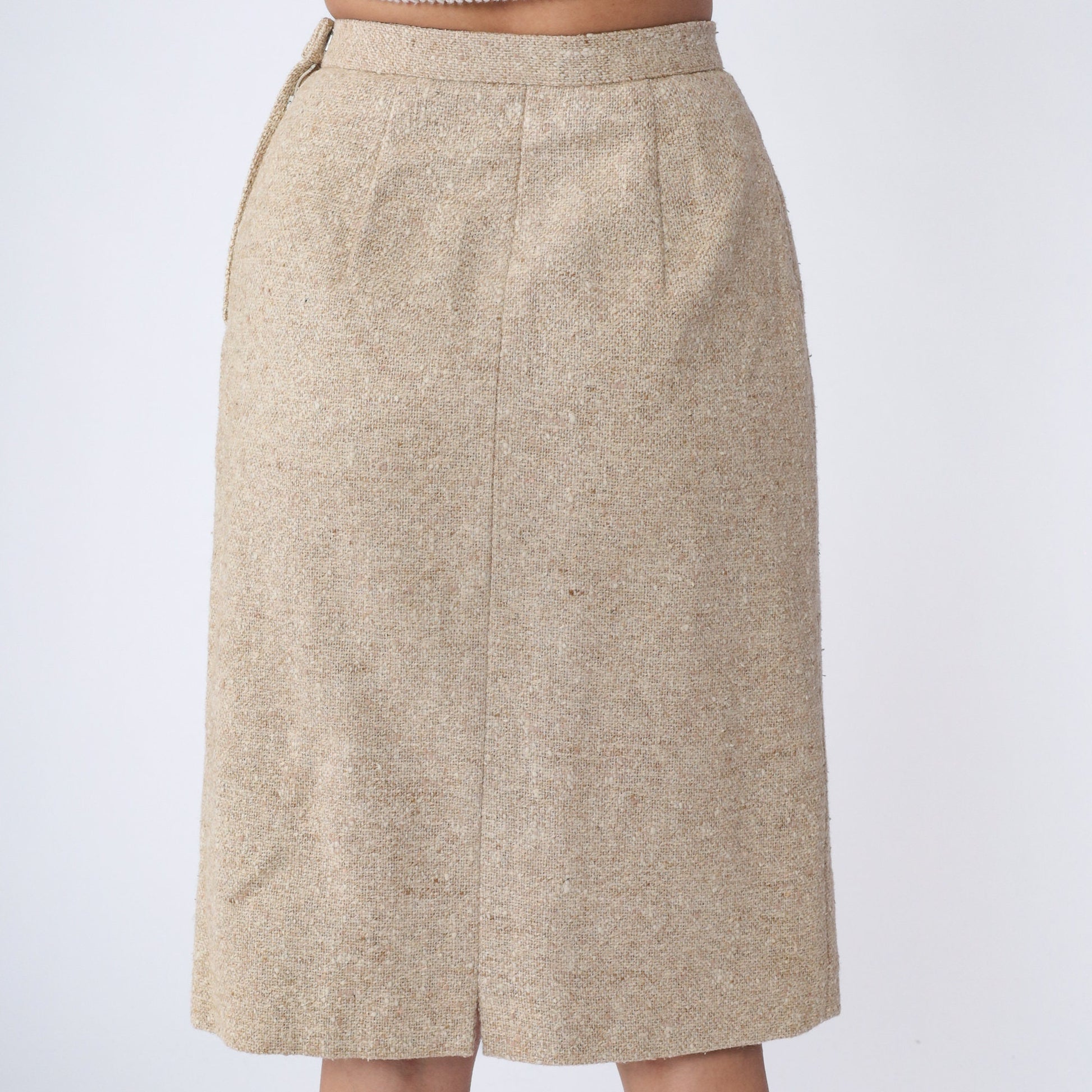 80s Beige Tweed Pencil Skirt Wool High Waist Midi Small