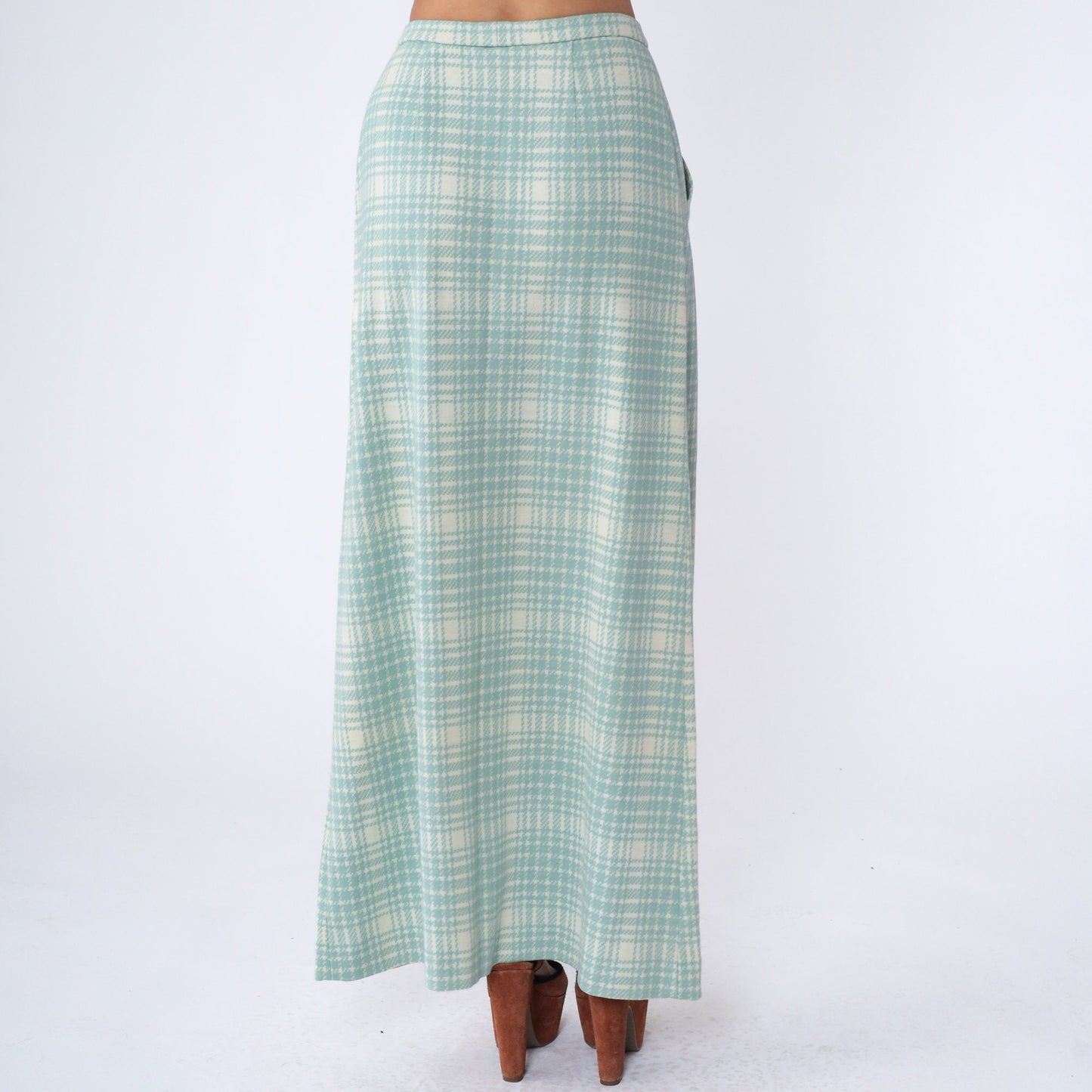 70s Mint Cream Plaid Maxi Skirt High Waisted Tartan Long Skirt Medium