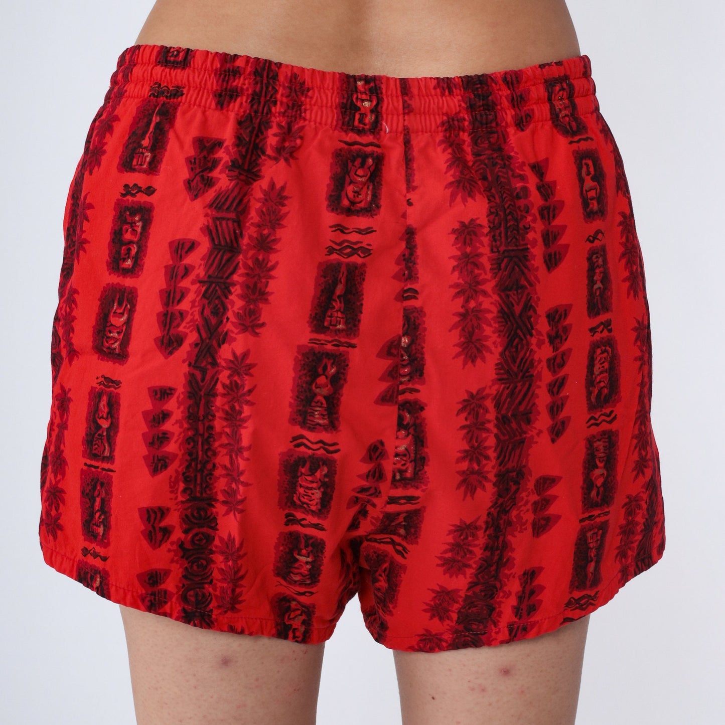 80s Red Hawaiian Tiki Print Swim Trunks Gold Details Medium