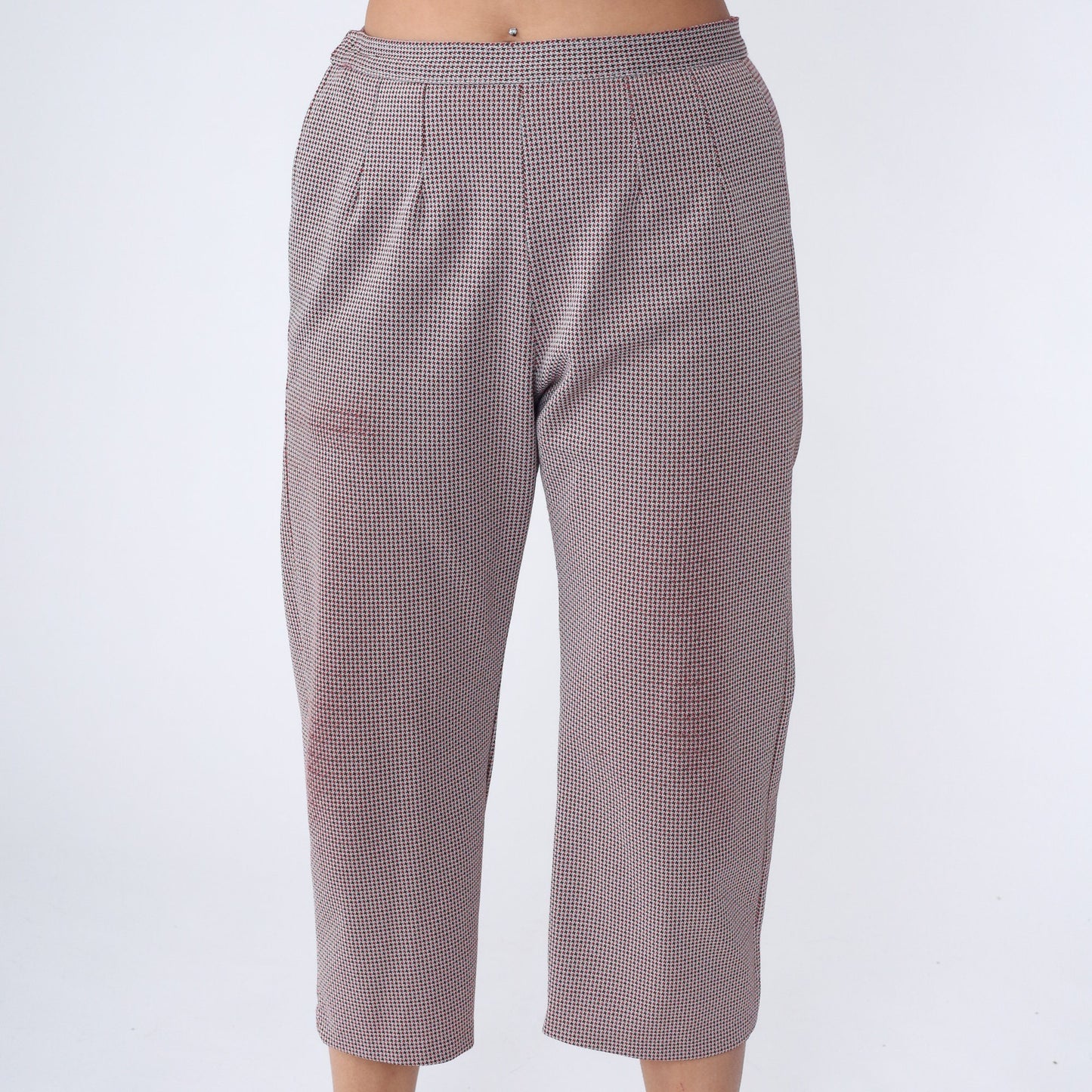70s Houndstooth Capri Pants High Waist Red Brown White Checkered Medium