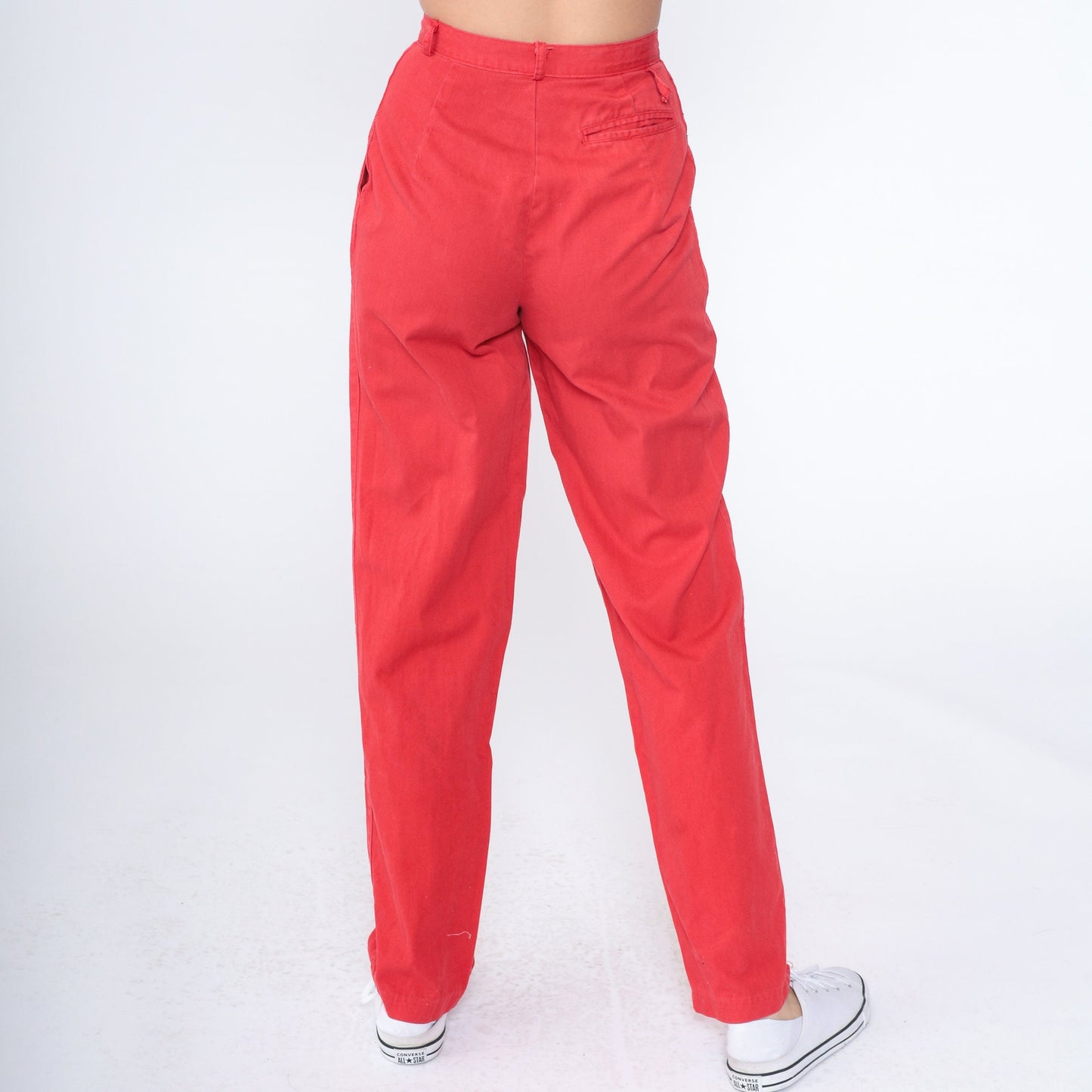 80s Sasson Red Cotton Pleated High-Waisted Tapered Trousers Extra Small