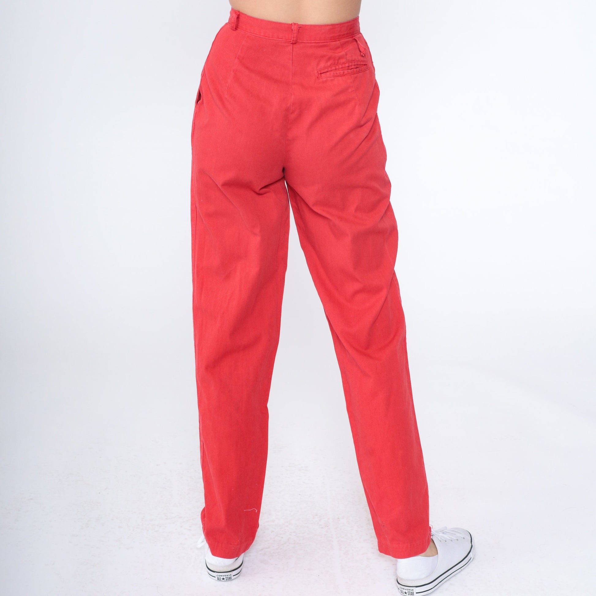 80s Sasson Red Cotton Pleated High-Waisted Tapered Trousers Extra Small