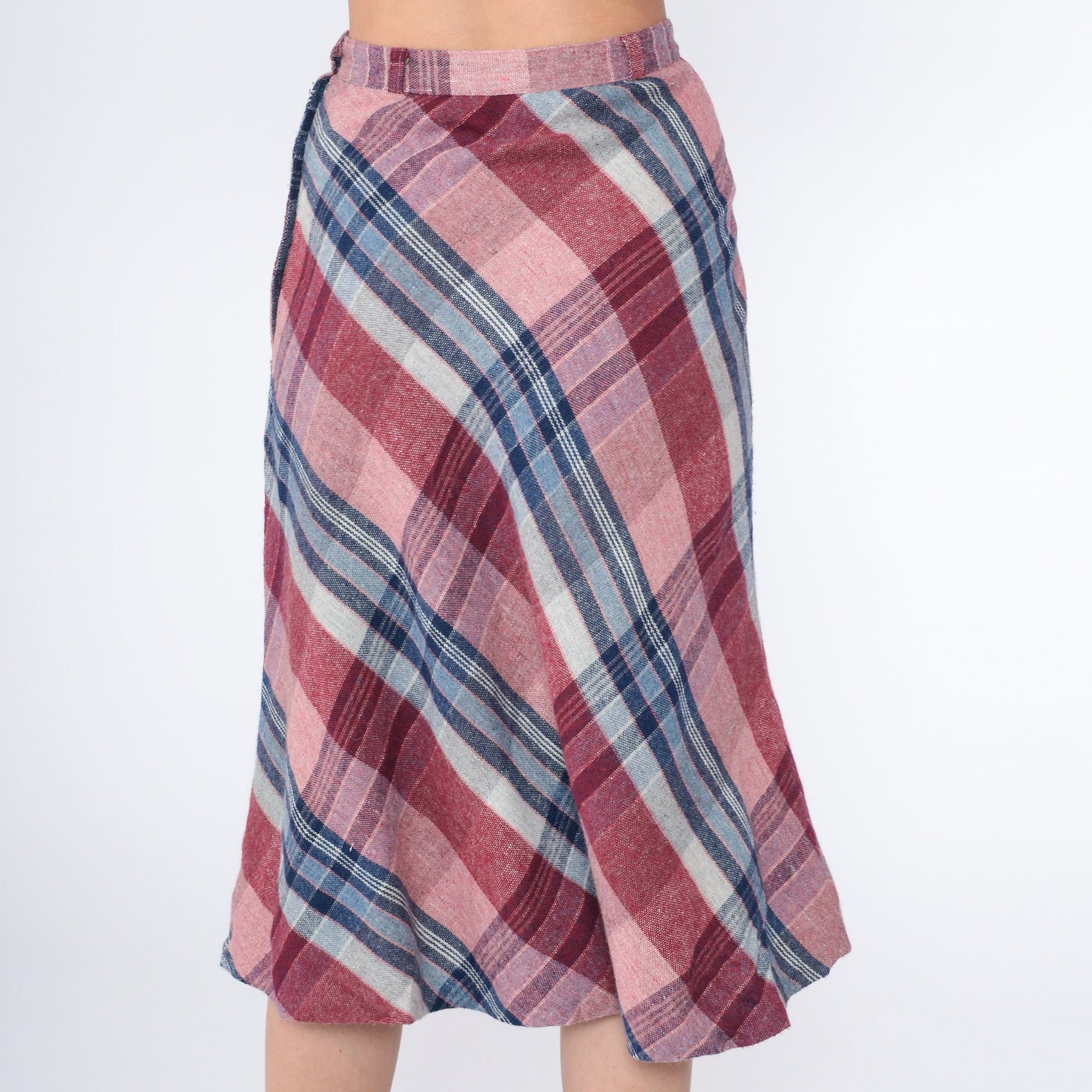 80s Plaid Midi Skirt High Waist A-Line Pink Red Blue Tartan Extra Small XS