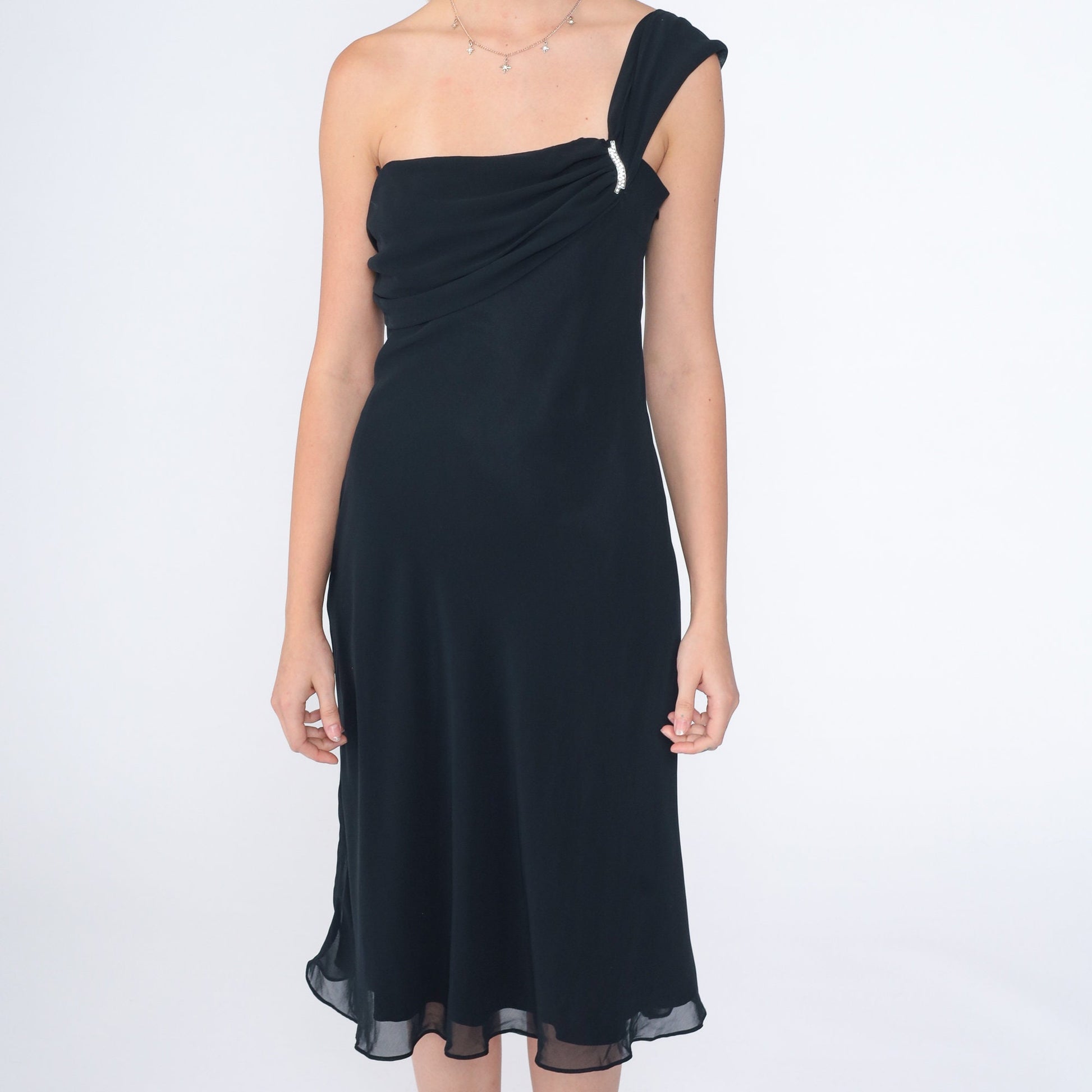 90s Black One-Shoulder Midi Dress Rhinestone Brooch Party Formal Extra Small