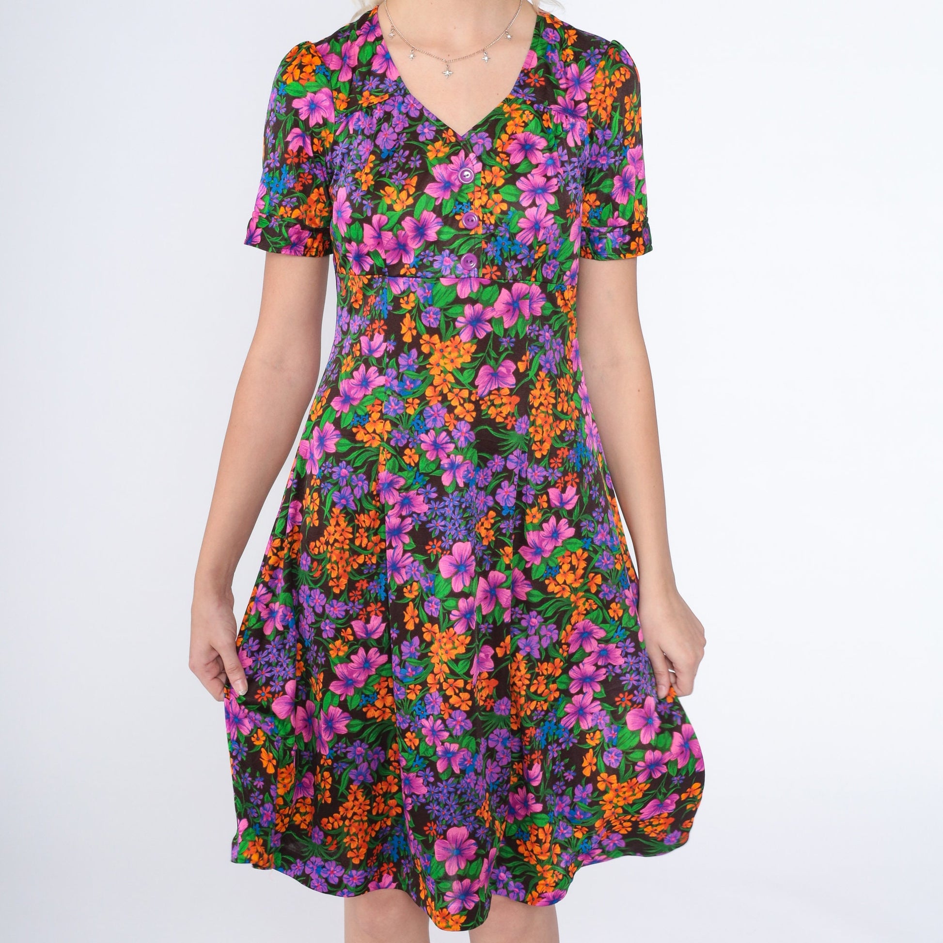 70s Floral Babydoll Mini Dress Empire Waist Button-Up Black Small S