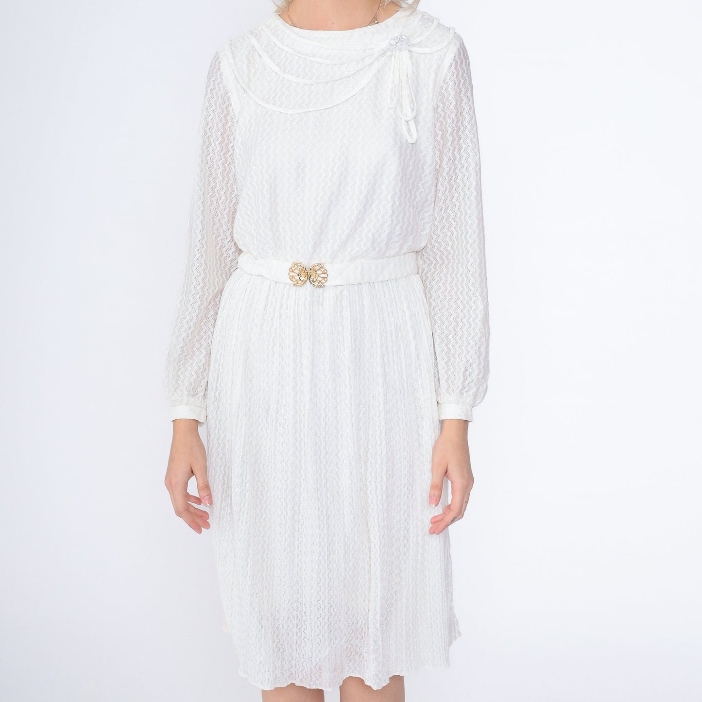 80s White Lace Midi Dress High Waisted Long Sleeve Gold Belt Small