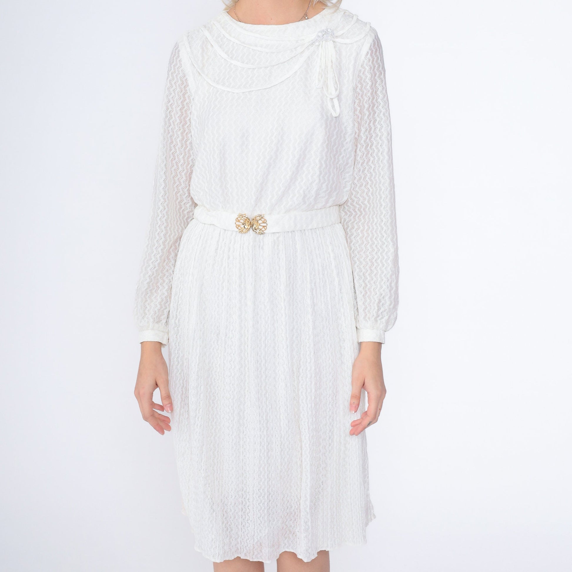 80s White Lace Midi Dress High Waisted Long Sleeve Gold Belt Small