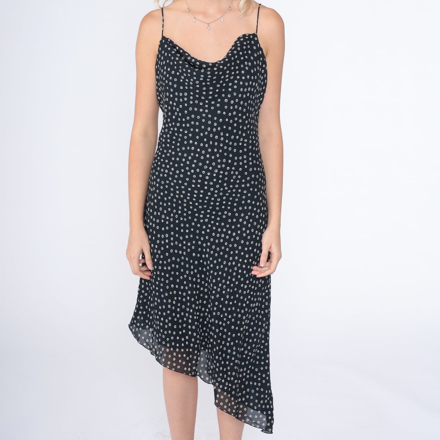 90s Kathy Lee Black White Ring Dot Asymmetrical Midi Dress Cowl Neck Medium