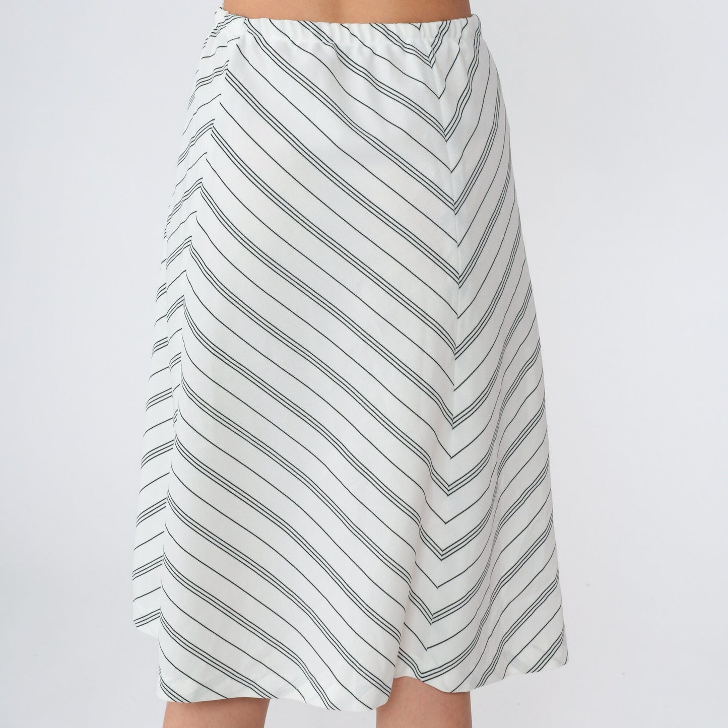 70s Chevron Striped Midi Skirt White Black High Waist A-Line Extra Small