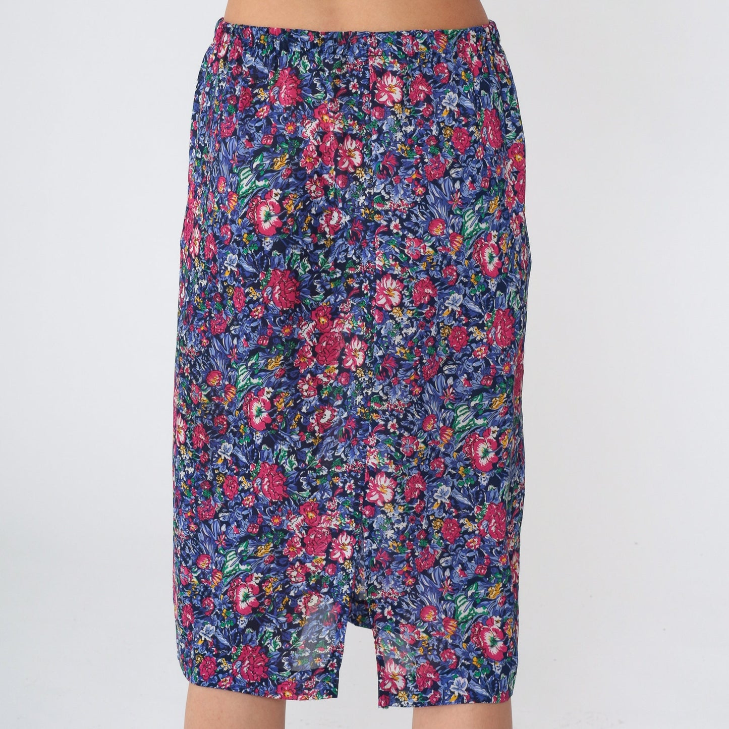 80s Floral Midi Pencil Skirt High Waisted Navy Pink Flower Print Small