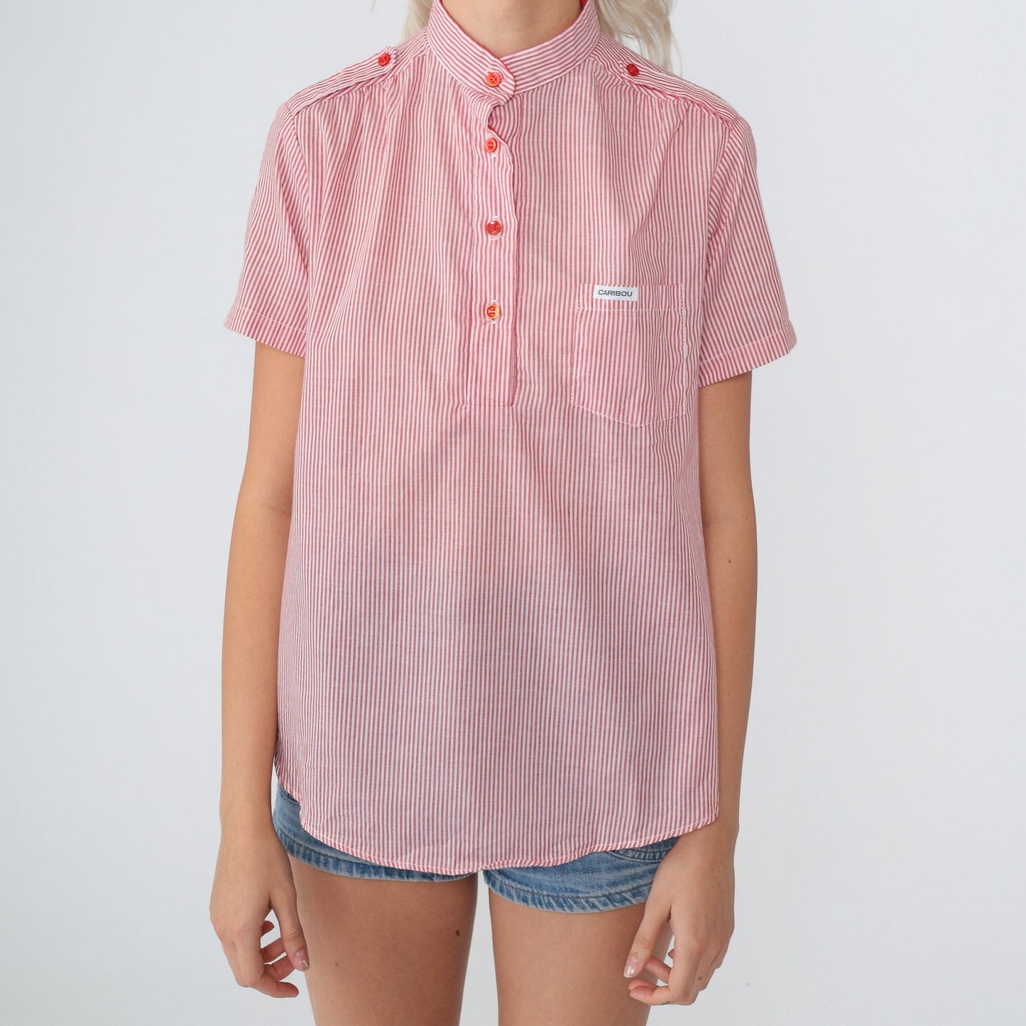 80s Caribou Pinstriped Blouse Red White Half-Button Short Sleeve Medium