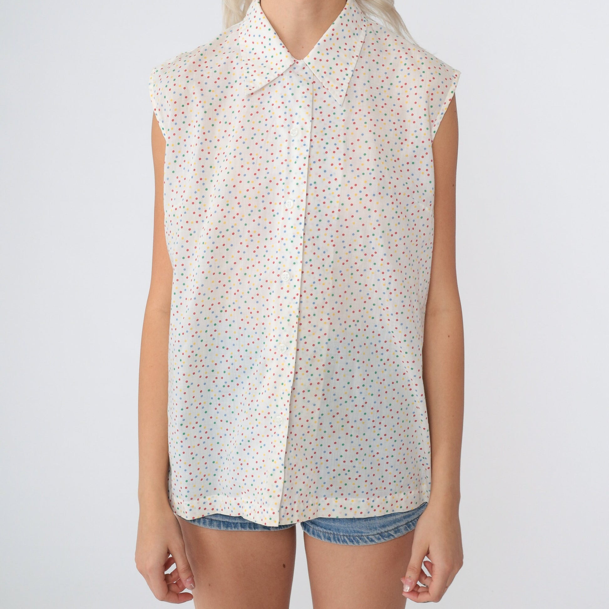 80s Polka Dot Sleeveless Blouse White Multicolor Button-Up Collared Tank Large L