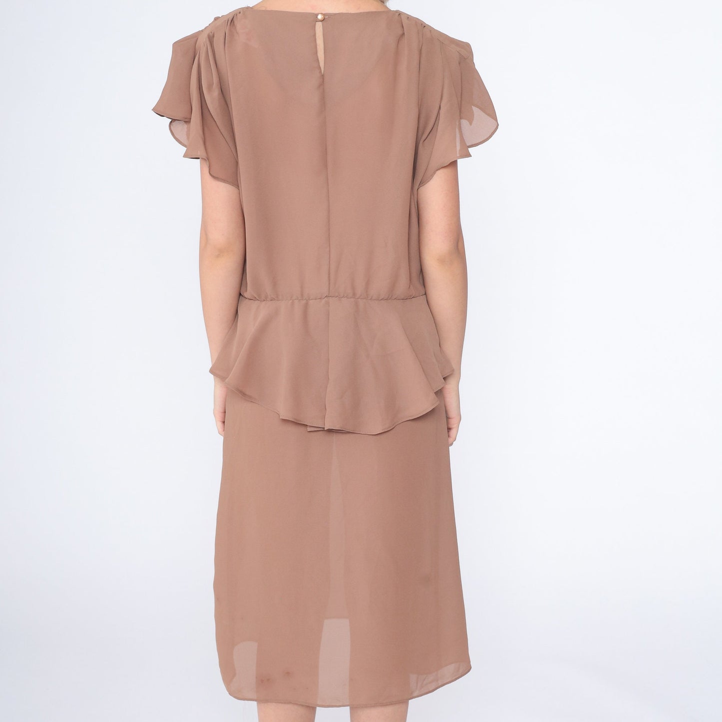 70s Cocoa Brown Midi Dress High Waist Peplum Puff Sleeve Keyhole Back Large L
