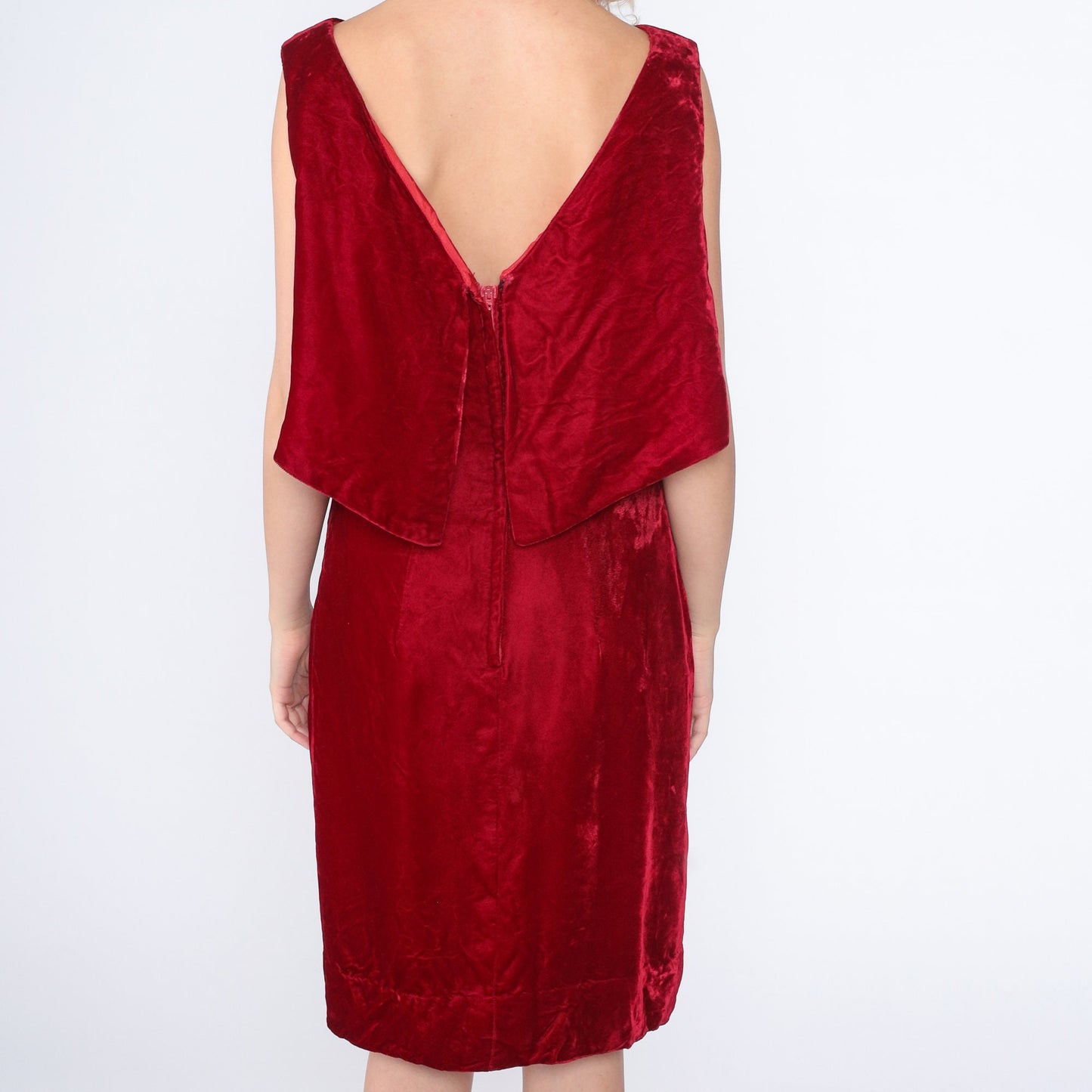 70s Red Velvet Mini Dress Sleeveless Pencil Cut Low Back Medium M