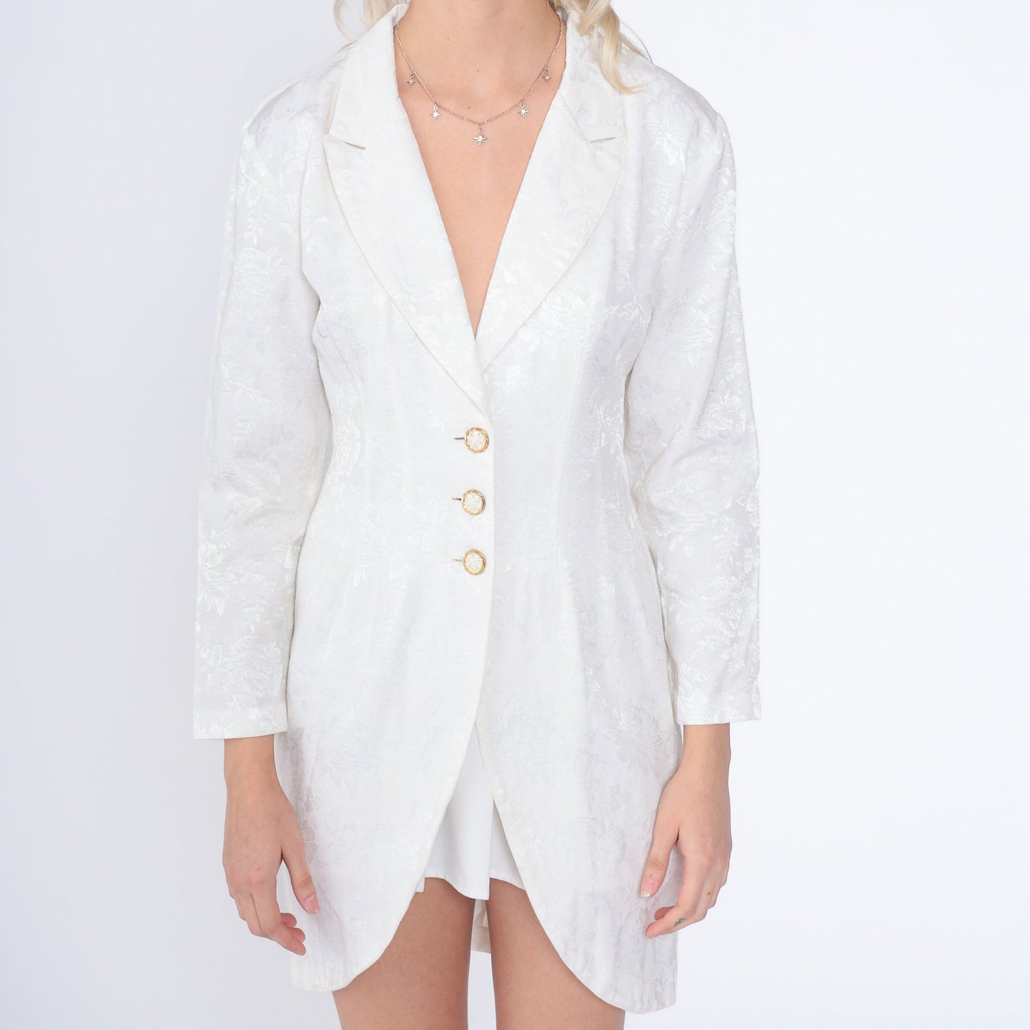 90s Blondie & Me White Floral Embossed Mini Dress Button-Up Long Sleeve Small