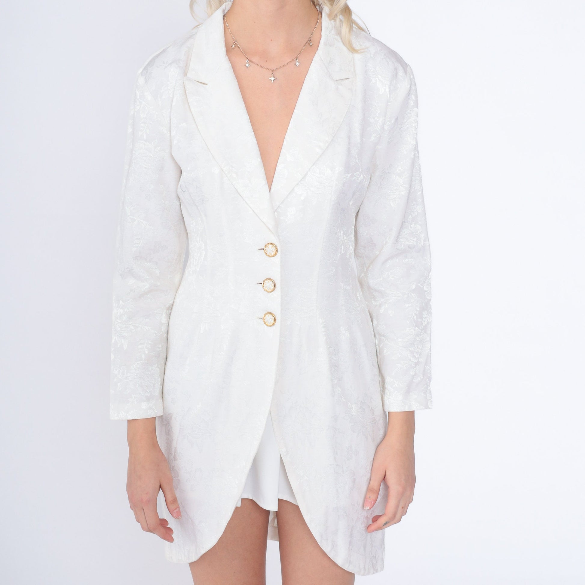 90s Blondie & Me White Floral Embossed Mini Dress Button-Up Long Sleeve Small
