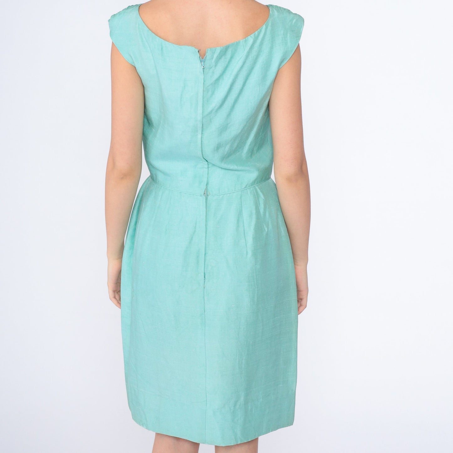 60s Mint Silk Dress Sleeveless Mini Pleated High Waist Sheath Small S