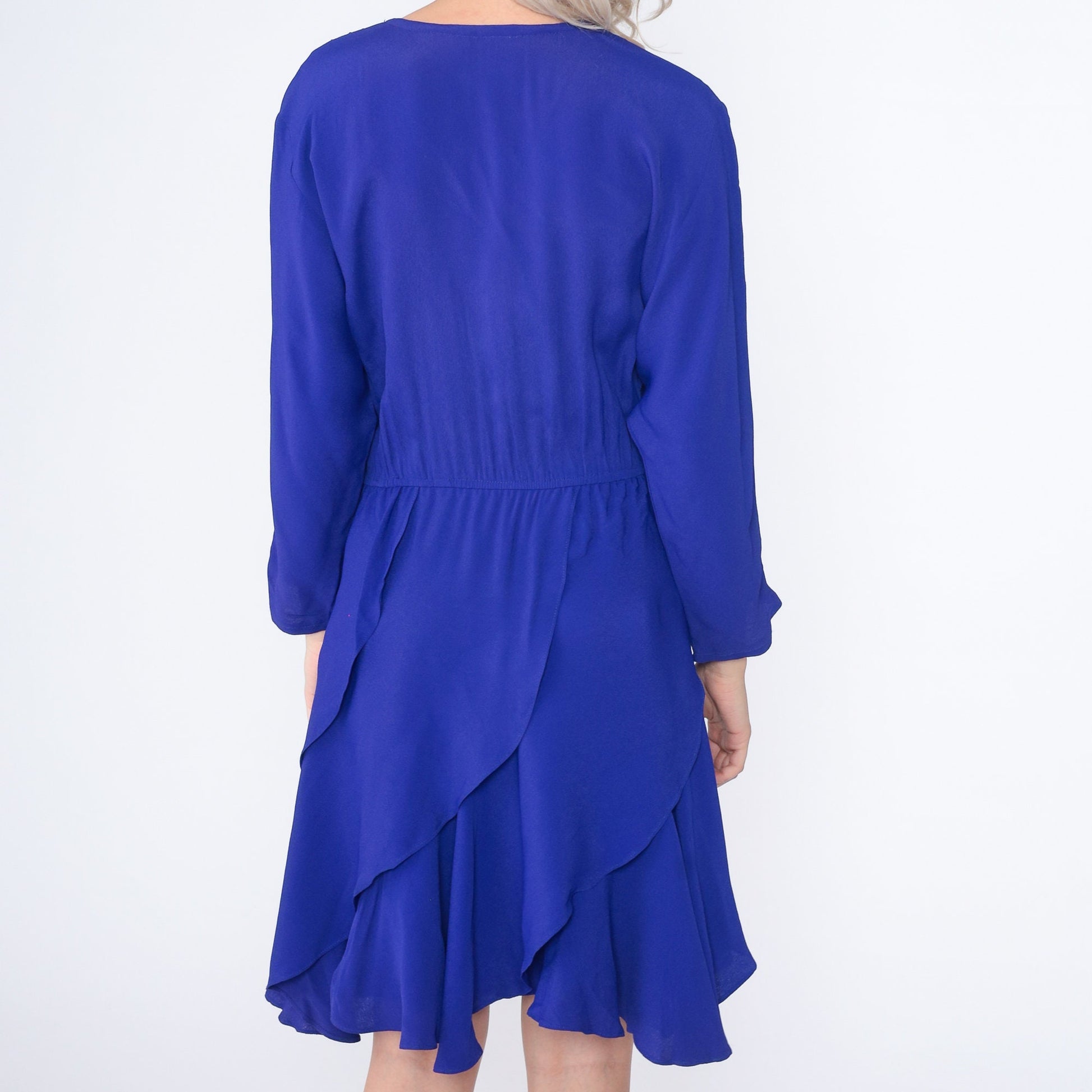 90s Blue Mini Dress Faux Wrap High Waisted Long Sleeve V Neck Small S