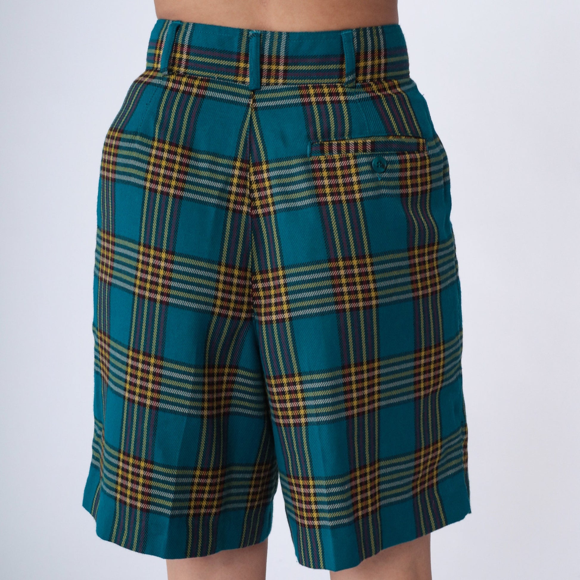 90s Blue Plaid High Waist Pleated Shorts Knee Length Small